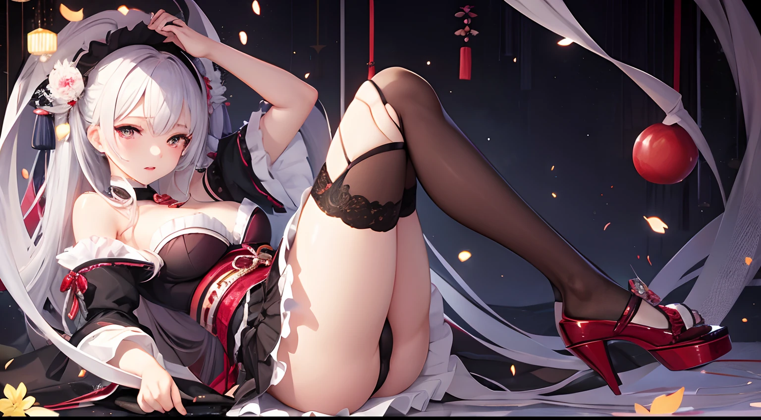 japanes、An 18-year-old woman、Ruffled underwear、Eyes Like Gems、Anime Art Style、Full body、Pose Seductive、Stockings、Peeling off --auto