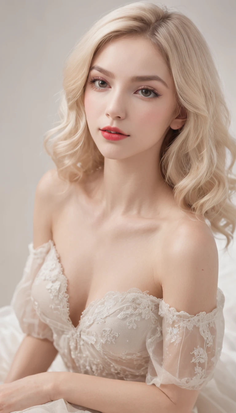 Full body portrait of a beautiful English girl，She sat on the bed，facing to audience，Expose slender legs，Delicate round face，Short curly blonde hair，Exquisite facial features，watery big eyes，Perfect double eyelids，Seductive red lips，Perfect lip shape，Perfect eyebrow shape，The smile reveals two small dimples，She has a perfect figure，Radiant fair skin，She wears a delicate bra，Reveals delicate collarbones，Pure lust，White sheets，Fluffy white pillows，8K distribution rate，Ultra-clear，detail-rich，Works of masters，Highly realistic，album covers，classicism，high detal