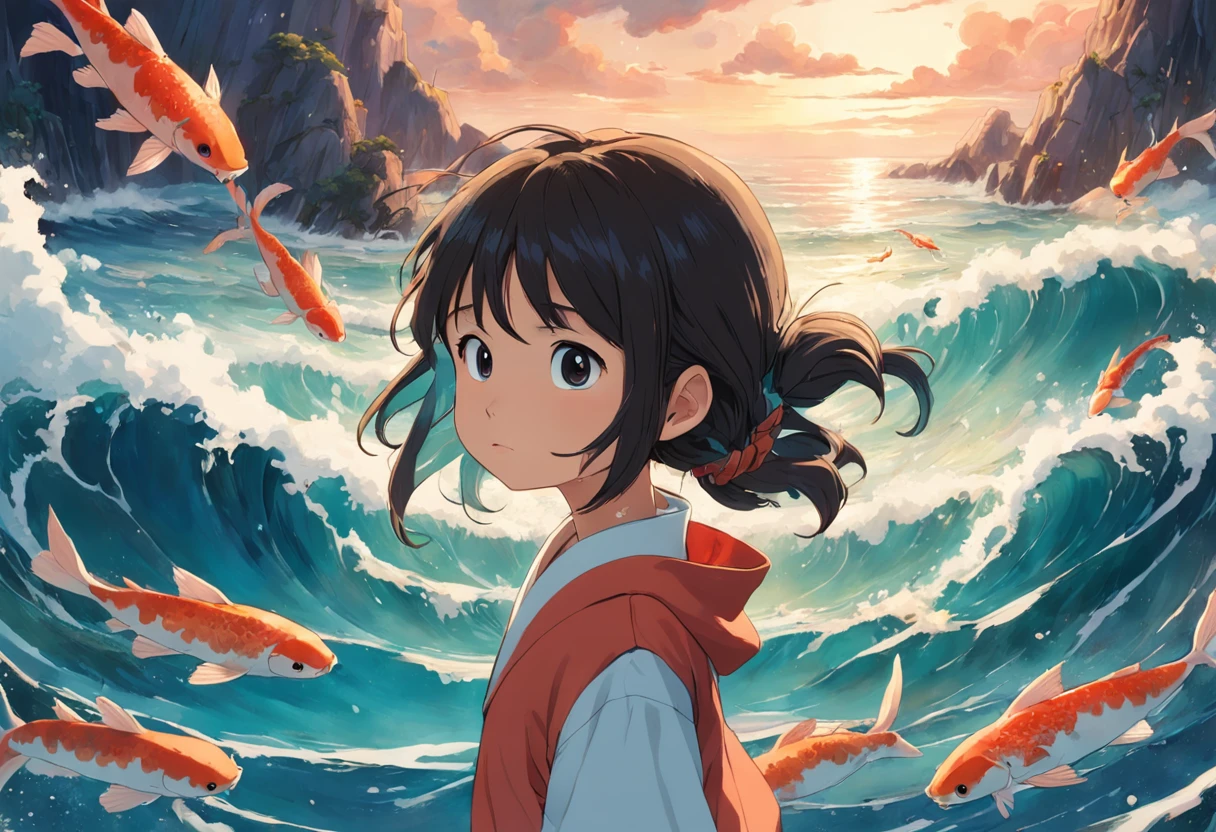 movie picture quality，Hayao Miyazaki animation，Miyazaki animation style，Hayao Miyazaki animated film，3D movies，China-style， girl with short braids standing in front of a huge koi，swell sea，depth of fields，high light，Real light，Ray traching，oc rendered，Hyper-realistic，best qualtiy，8K，Works of masters，super-fine，Detailed pubic hair，Correct anatomy，sharp focus on eyes，Bokeh，Facial features are carefully depicted