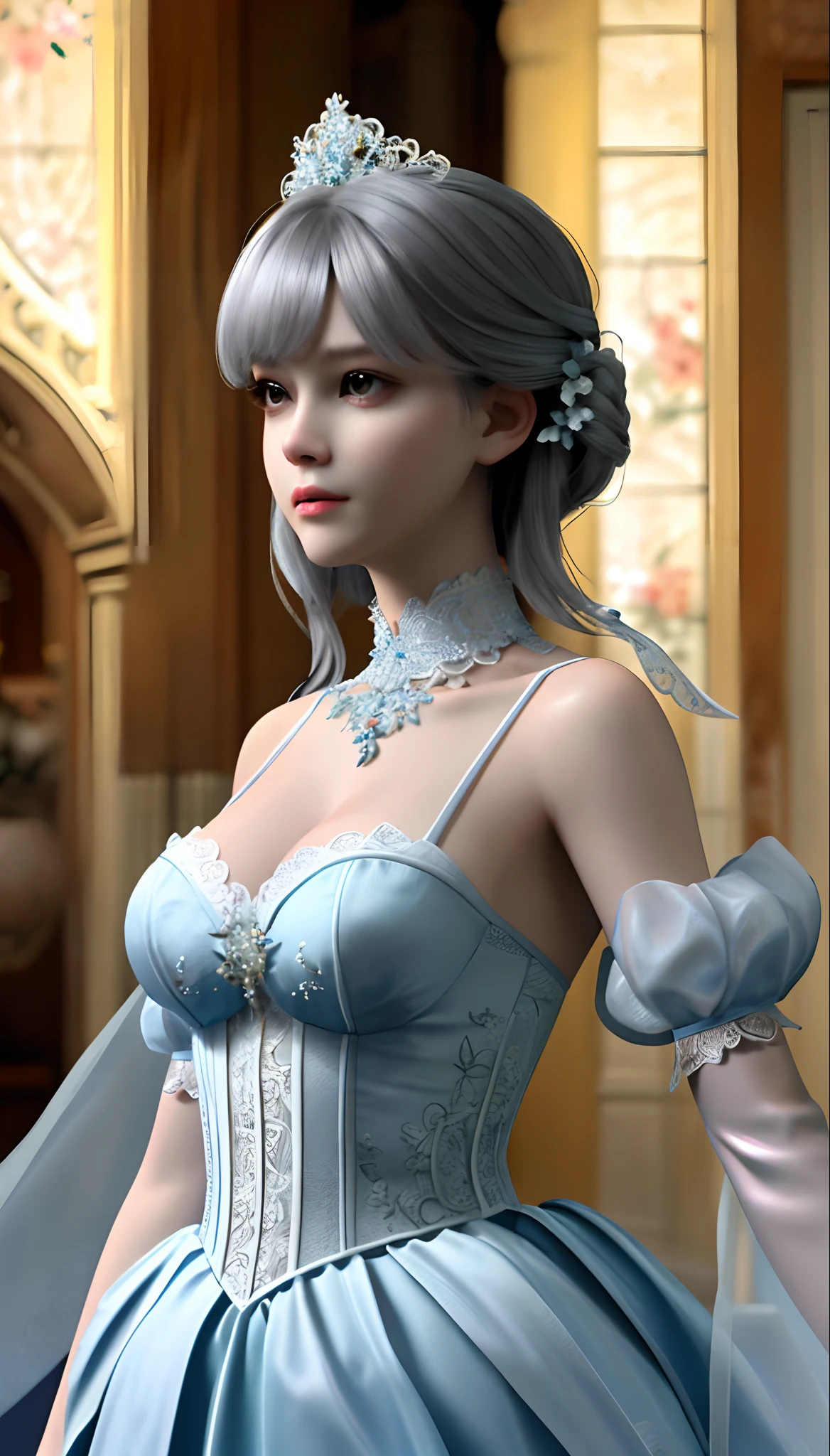 1girl, looking at viewer,
upper body, 3D, realistic,
large breasts, excessively frilled princess dress, draped clothes, jewelry, ornament, flower, lace trim,
masterpiece, best quality, 8k, detailed skin texture, detailed cloth texture, beautiful detailed face, intricate details, ultra detailed,
rim lighting, side lighting, cinematic light, ultra high res, 8k uhd, film grain,best shadow, delicate, RAW