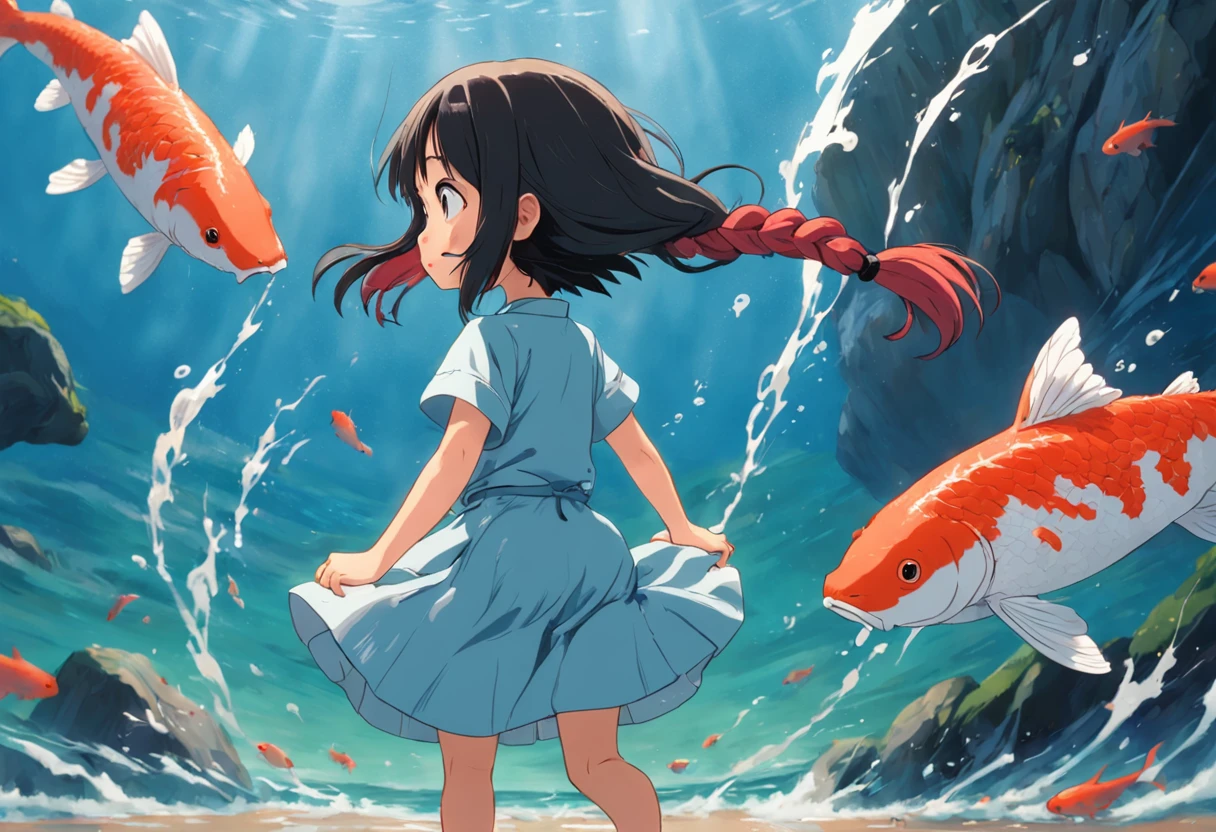 movie picture quality,Hayao Miyazaki animation,Miyazaki animation style,Hayao Miyazaki animated film,3D movies,China-style, girl with short braids standing in front of a huge koi,swell sea,depth of fields,high light,Real light,Ray traching,oc rendered,Hyper-realistic,best qualtiy,8K,Works of masters,super-fine,Detailed pubic hair,Correct anatomy,sharp focus on eyes,Bokeh,Facial features are carefully depicted