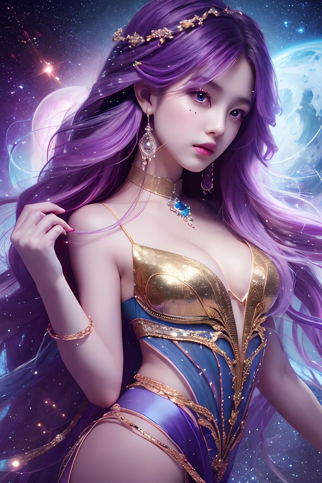 Background: Mysterious and quantum setting, Cosmic elements and、An ethereal atmosphere where brilliant lights and colorful nebulae intertwine. Theme: A mysterious girl with a magical aura. She has long, Colorful wavy curls, Highlight with a glossy lock. His eyes are deep and expressive, Reflection universe. She wears a flowing dress in purple and blue tones, With intricate details and mysterious textures. Color Palette: A combination of mysterious shades,Such as cosmic purple, Sky blue, Soft pink and gold touch. Create contrast, Deep, Dark color, Dark purple or dark blue, etc.. Aesthetics: The aesthetic combines elements of Mistycore, Mysterious and ethereal atmosphere, and crystal cores, With its crystals and sparkling details. The girl exudes magical energy、Her presence hangs over her、attractive cleavage. Covered with: Keep the overlay around the girl with subtle glowing effects and sparkling lights, Covered with: Add a soft glow effect around the girl and crystal, It seems to exude a magical aura. Pure, Add details to flashing lights、Enhance the ethereal atmosphere.
