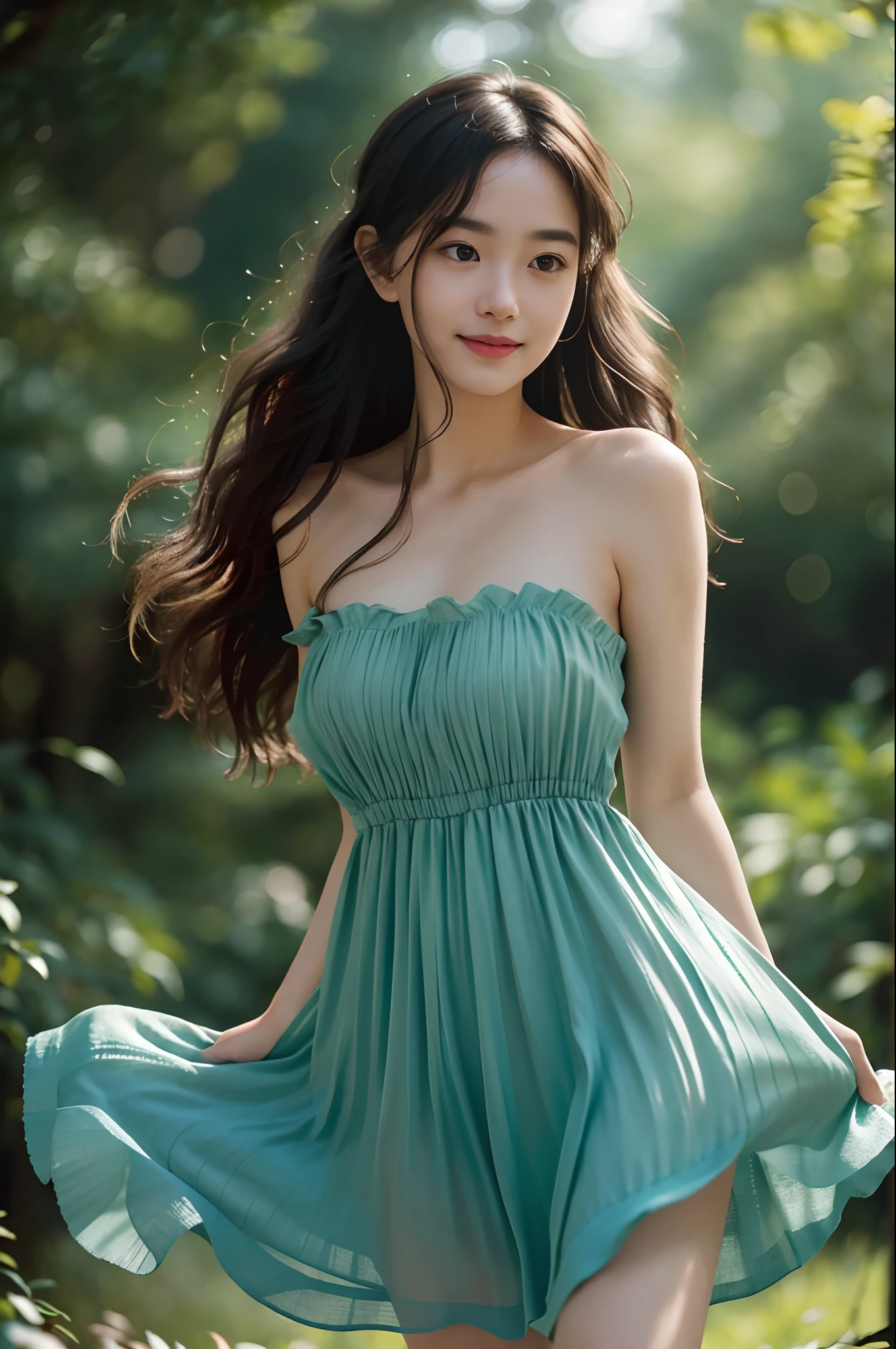 film portrait photography, 1girl, bare shoulders, wavy shoulder-length hair, serene, calm, (realistic detailed eyes, natural skin texture, realistic face details), soft dramatic lighting, depth of field, bokeh, vibrant details, finely detailed, hyperrealistic, 35mm film, hazy blur, filmg,smile, dancing, green summer dress, forest