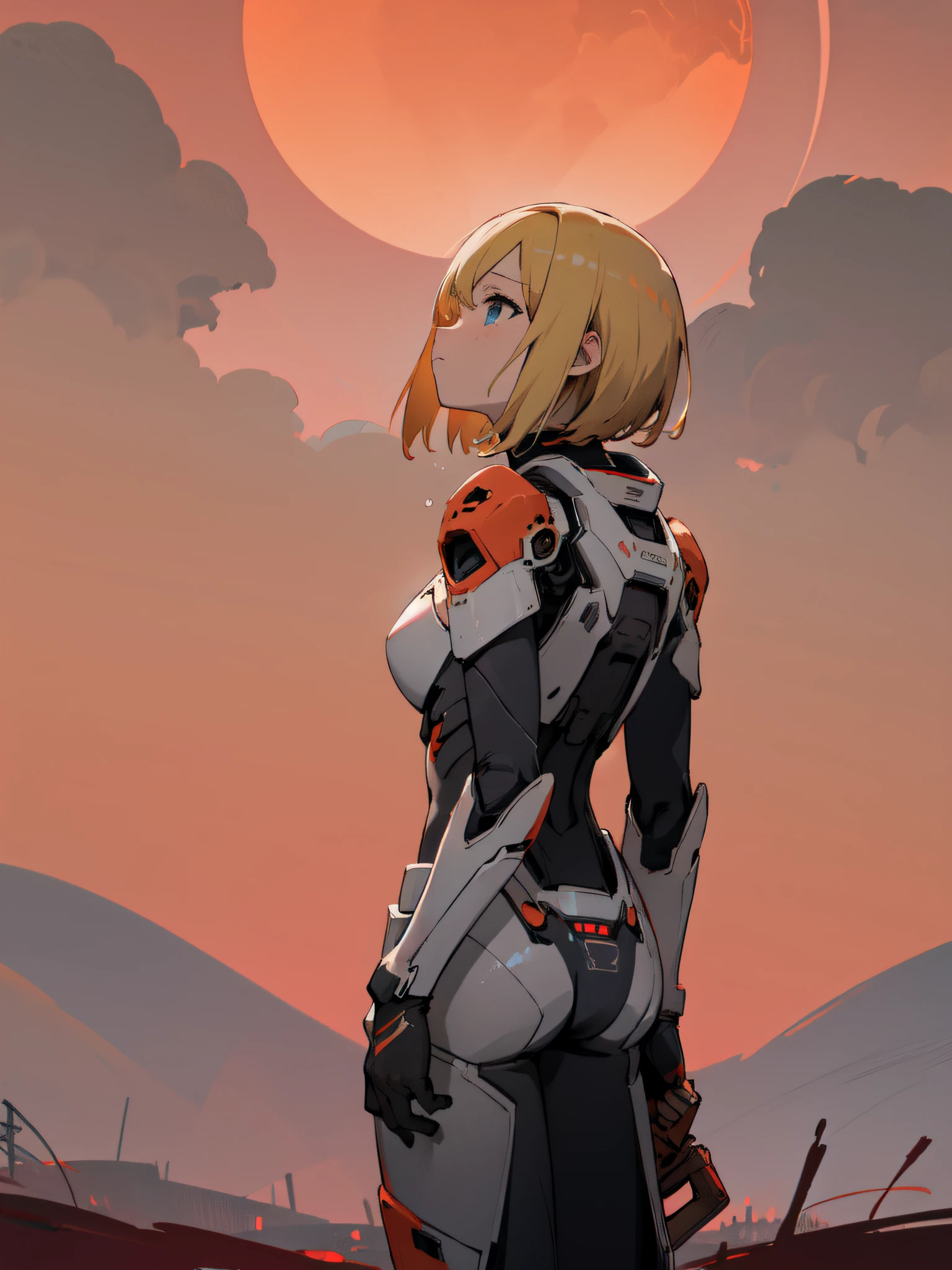 1woman, solo, Reinforced exoskeleton, protectsuits, grief face, tears, blonde hair, blue eyes, short bob, look up sky, heavy cloudy sky, Grey steppe, wistfulness, from behind, 8k, Dirge for planet,Bloody-red sun, lighting from bloody Red sun,