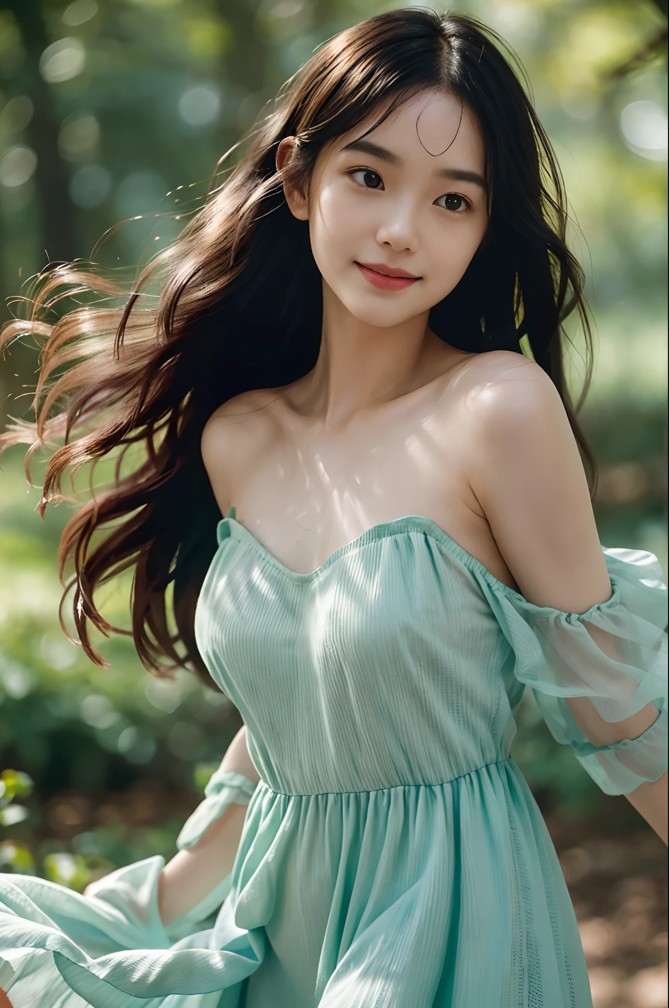 film portrait photography, 1girl, bare shoulders, wavy shoulder-length hair, serene, calm, (realistic detailed eyes, natural skin texture, realistic face details), soft dramatic lighting, depth of field, bokeh, vibrant details, finely detailed, hyperrealistic, 35mm film, hazy blur, filmg,happy smile, dancing, dark green spring dress, forest