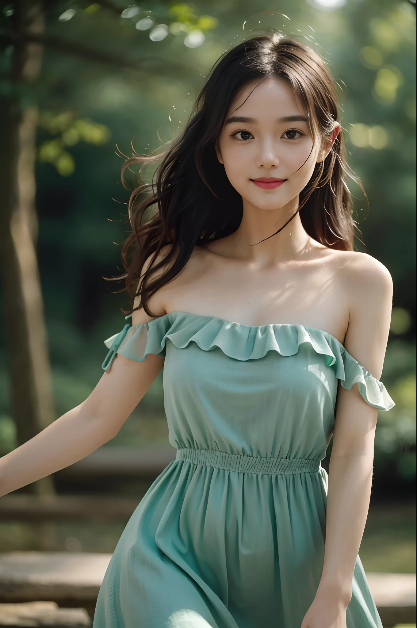 film portrait photography, 1girl, bare shoulders, wavy shoulder-length hair, serene, calm, (realistic detailed eyes, natural skin texture, realistic face details), soft dramatic lighting, depth of field, bokeh, vibrant details, finely detailed, hyperrealistic, 35mm film, hazy blur, filmg,happy smile, dancing, dark green spring dress, forest
