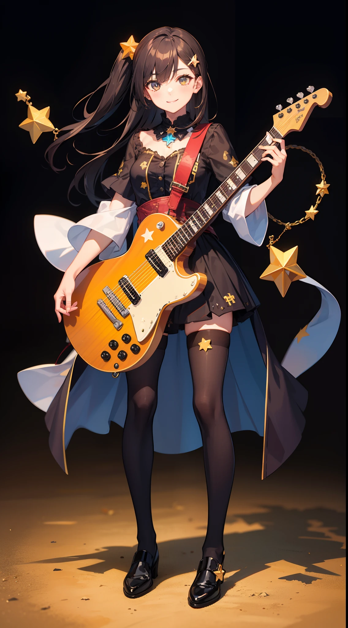 1girl,american_flag,black_background,black_hair,cross,flag_print,ground_vehicle,guitar,hair_ornament,hair_over_one_eye,hairclip,long_hair,motor_vehicle,multicolored_clothes,smile,solo,star_(symbol),star_hair_ornament,star_print,starfish,striped,striped_legwear,transparent_background