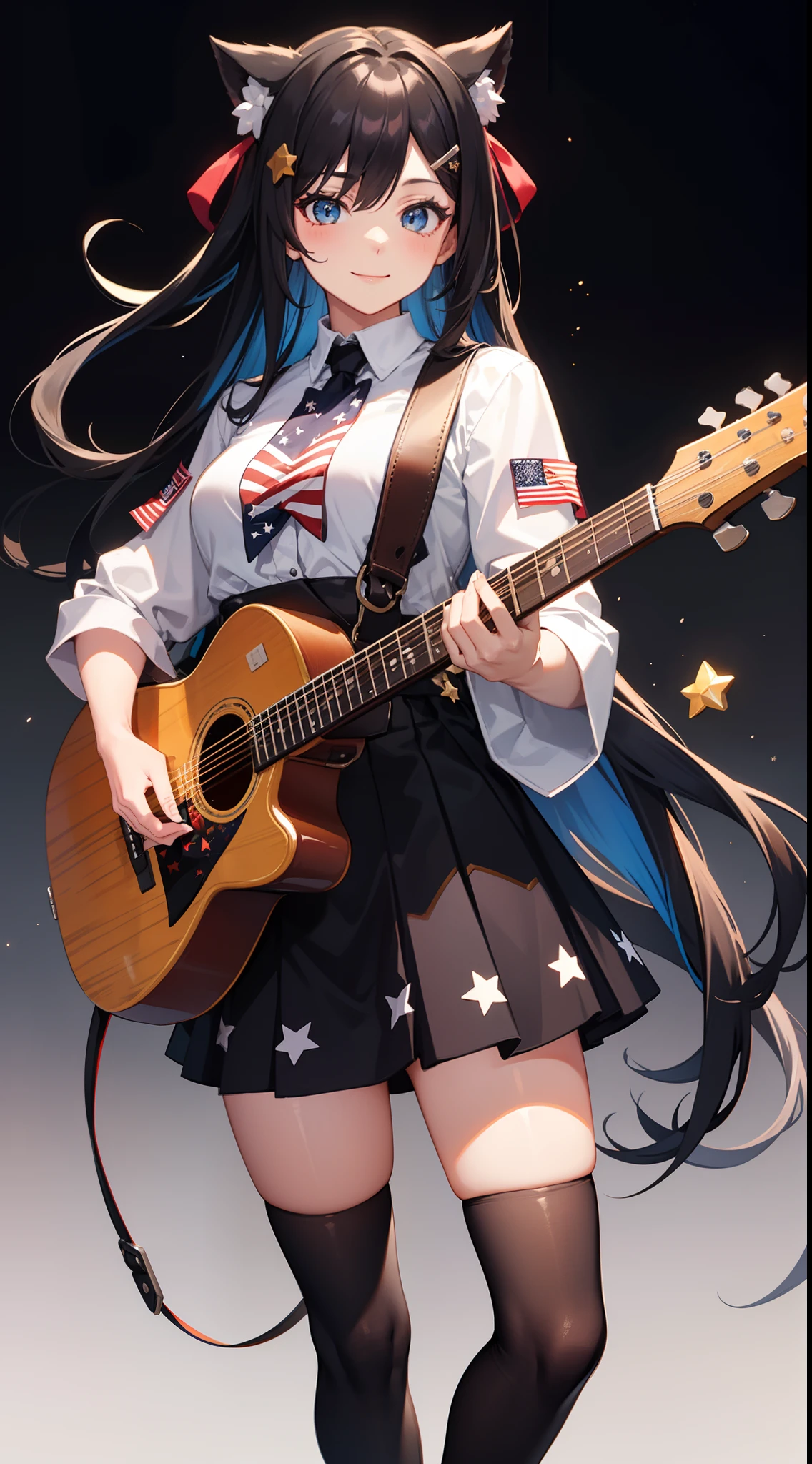 1girl,american_flag,black_background,black_hair,cross,flag_print,ground_vehicle,guitar,hair_ornament,hair_over_one_eye,hairclip,long_hair,motor_vehicle,multicolored_clothes,smile,solo,star_(symbol),star_hair_ornament,star_print,starfish,striped,striped_legwear,transparent_background
