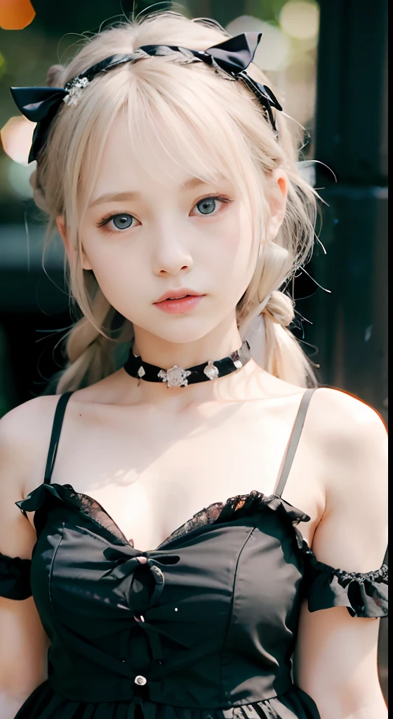 (ultra-detailliert), Cute princess dresses in black color,(frilly dress),(shortsleeves),Blue eyes,The upper part of the body、a closeup、faces、(A smile:1.1),(facing front:1.2), 20yr old, s girl,no tail,(no tail),2D, masterpiece, top-quality, animesque, A detailed eye, A detailed face, girl with, Only 1 person,Silver-haired medium hair, (a blond), Ear Hair, small tits, Single braid, (Single braid), (Side braid), Pink ribbon, Ribbon around the neck, (White sleeves), Background bokeh