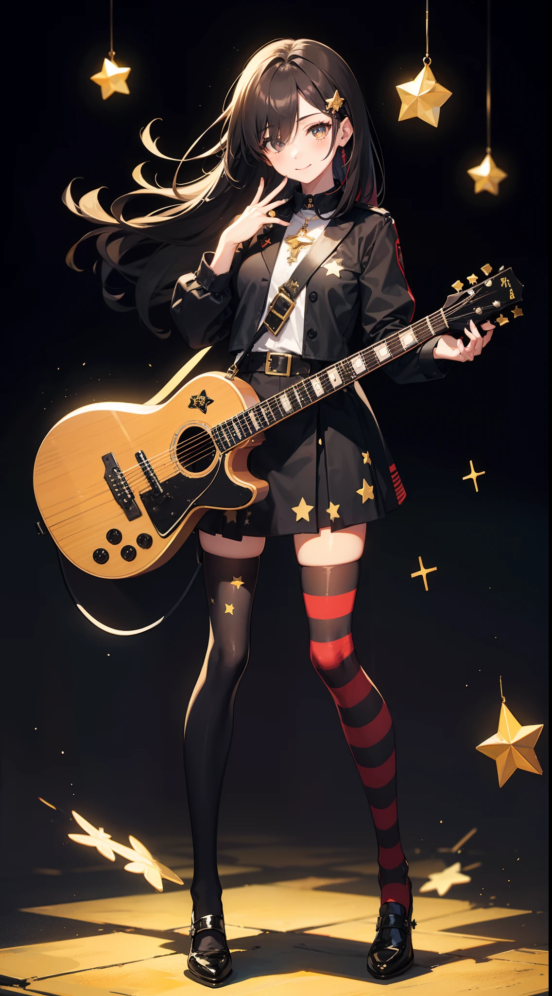 1girl,american_flag,black_background,black_hair,cross,flag_print,ground_vehicle,guitar,hair_ornament,hair_over_one_eye,hairclip,long_hair,motor_vehicle,multicolored_clothes,smile,solo,star_(symbol),star_hair_ornament,star_print,starfish,striped,striped_legwear,transparent_background