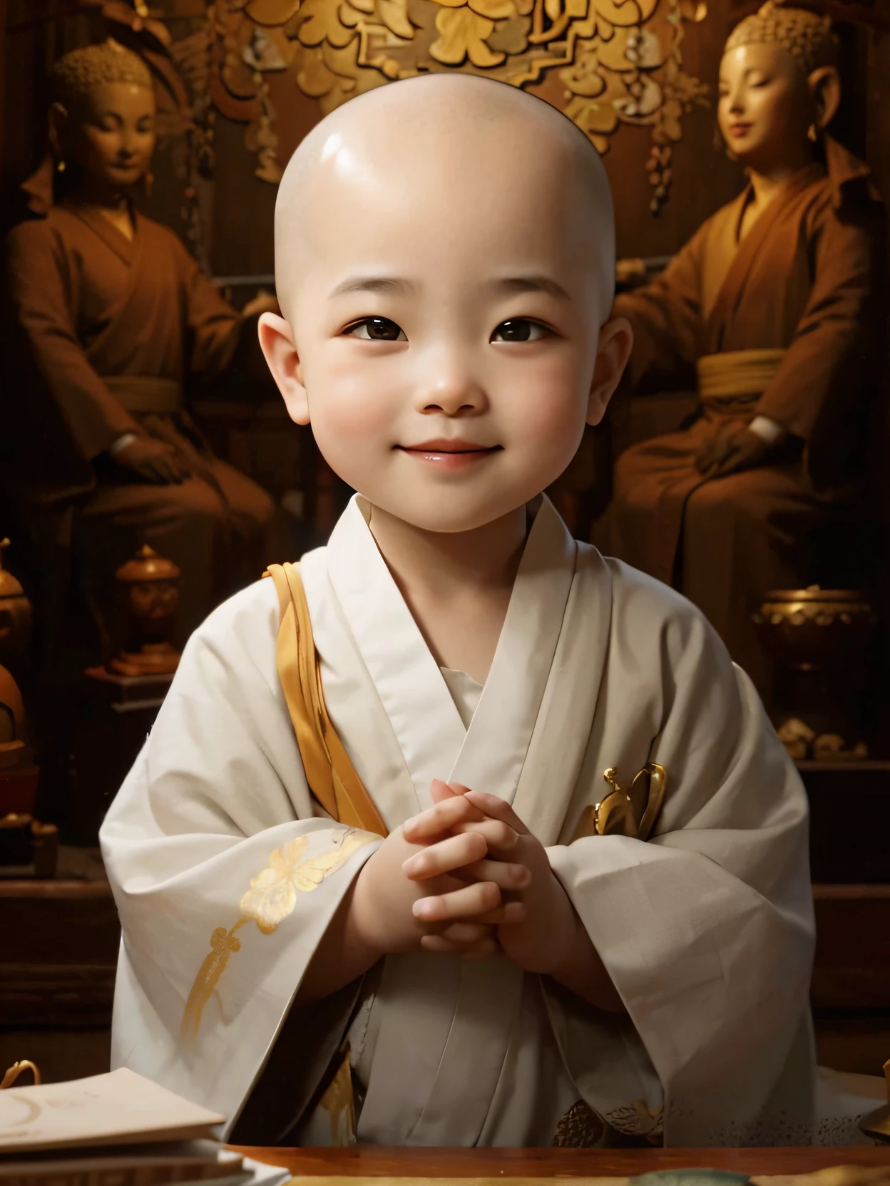 Little bald monk wearing a Buddhist hat,The hat has a large Buddha character engraved on it..,There's a cute puppy between my feet