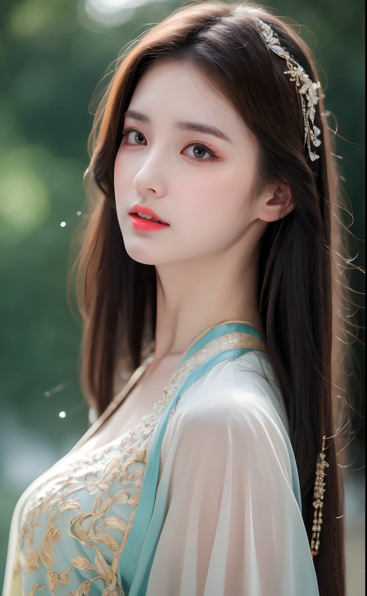 1 18-year-old girl is extremely pretty and graceful, dressed in a slender, ancient han dynasty costume, masterpiece, highres, In the Dark: 1.6), Super realistic female portrait of David Hockney and Alphonse Mucha, realistic art, long silky black hair, double bangs, non-fiance style hair styling, chinese face, cute face, realistic girl, photorealism, dynamic lighting, artstation, volumetric lighting, very detailed faces, (((Oval face: 1.2))), ((short chin:1.8)), 8k ultra, Awarded, in the dark, deep shadow, low key, cowboy lens, red phoenix dress, bust, luxurious palace, hanfu style, crown, black eyes make up very sharp and detailed, face cleaning, the most beautiful face, Balanced teeth, bright white teeth, chinese pretty girl, the breasts are very big and round and round, breast augmentation, very tight breasts, Super realistic, chinese women's clothing, The eyes are very well made up, eye bags under wet makeup, guweiz, dunhuang style, wearing black mesh socks, long and neat black hair, double bangs, (((mouth closed: 0.9))), red lipstick, ((thick upper lip:0.6)), small and red lips, the landscape is overcast and thunderous, upper body portrait, Close-up of the main character, (Background details 1.8), smooth skin, rosy and smooth skin, HDR, UHD, 8k quality, detailed pixel, super realistic, ultra realistic, attractive girl, look at the girl's upper body, look directly at the viewer, get close to the girl, take a close-up photo of the girl,