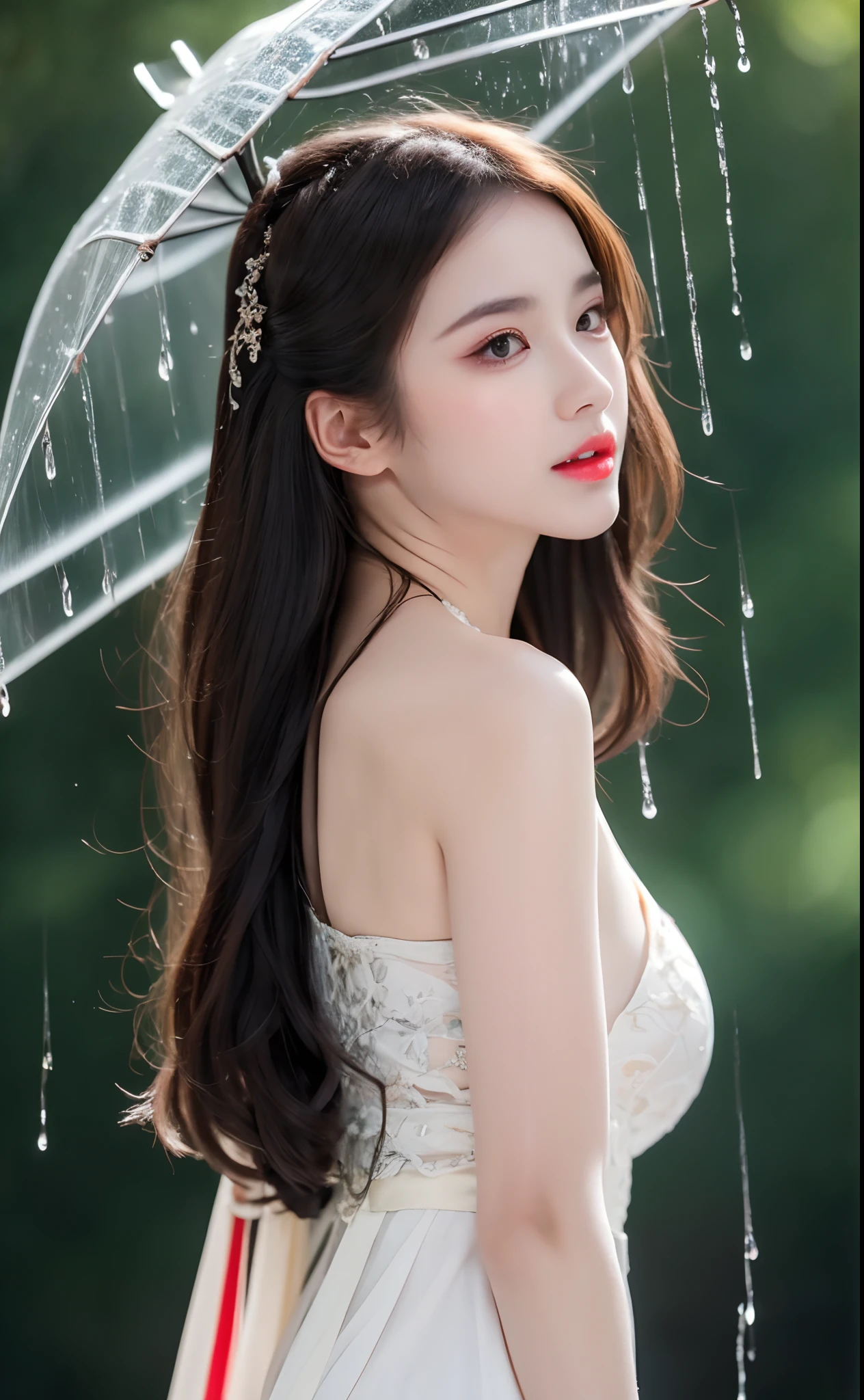 ((Best Quality, 8k, Masterpiece: 1.3)), Focus: 1.2, Perfect Body Beauty: 1.4, Buttocks: 1.2, ((Layered Haircut)), (Wet Clothes: 1.1), (Rain, Street:1.3), (Breasts: 1.2), (Hanfu: 1.2), Bare Shoulders, Bare Legs, Highly Detailed Face and Skin Texture, Fine Eyes, Double Eyelids, Whitened Skin, Long Hair, (Shut Up: 1.5), (Bokeh Background: 1.5), Big Breasts