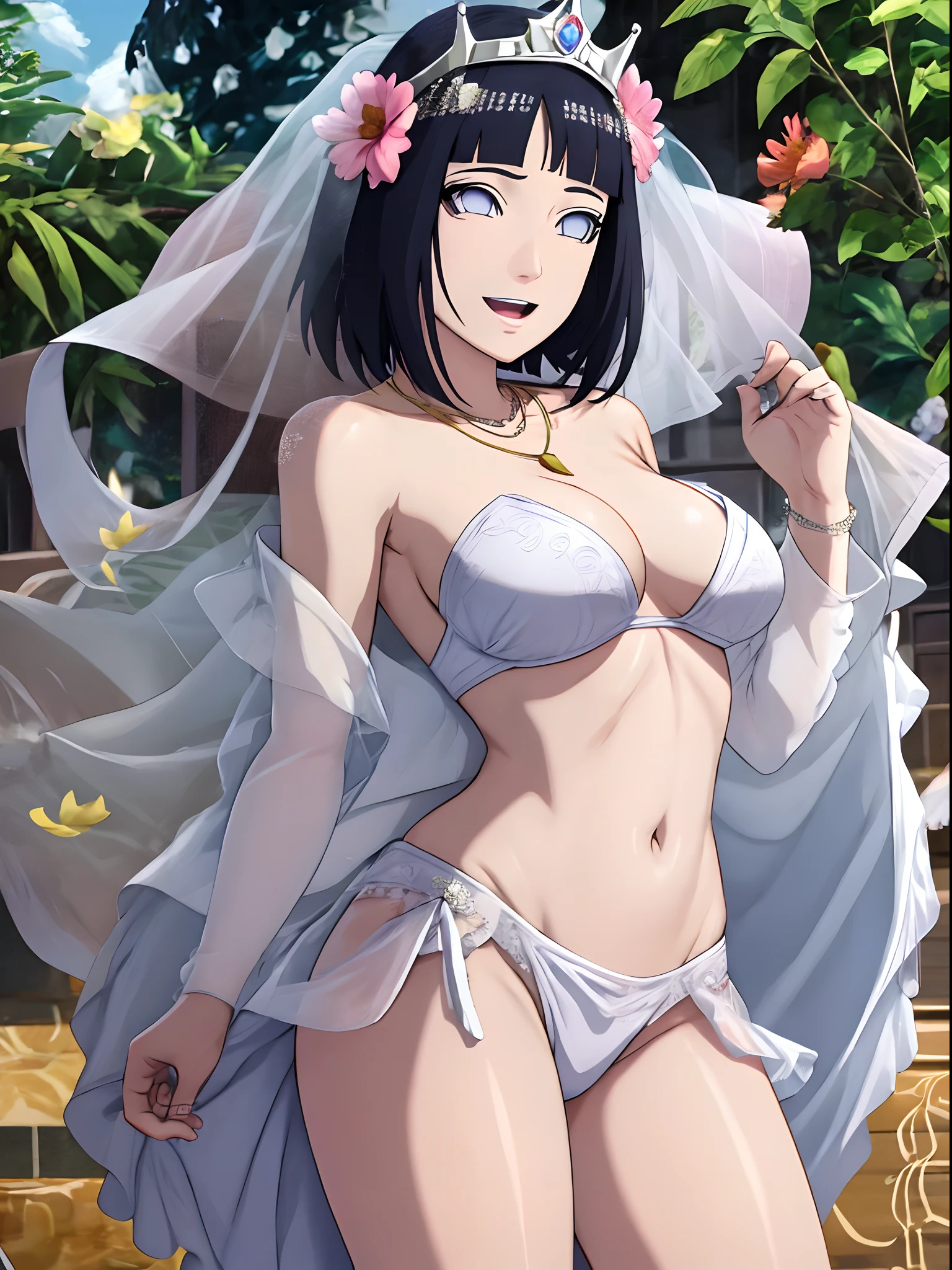 (WALLPAPER,  (hinata\(boruto\), masterpiece, 4k, vector coloring, whole body shot, contrast lighting, mature female, milf, (curvy:0.8), solo, anime style, sharp focus, professional artwork, intricate details, detailed beach background, colorful, vibrant colors, vivid colors, digital blending, ultra detailed body, ultra detail hair, ultra detail face, trending on pixiv, very hot colors, sunny day, outdoor, detailed bold arm lines, high color saturation, bold lines, bold drawing lines),
(standing, open mouth, kind smile, extremely happy, goodbye, sexy pose),
((dark blue hair color:1.1), wavy hair, ((short hair, hime cut)),
(perfect eyes, white sciera, white eyes, anime eyes, smoky eyeliner, eyeshadow)
(white skin, slender body, milf, navel, groin, flat belly, perfect face, perfect thighs),
(Thighs, legs, big breasts, perky boobs, off-shoulders, (groin, detailed shoulders), 
(almost naked, bare chest, bare shoulders, bare hands, bare legs), 
(all cloth is white, white dress, wedding veil, white flower wedding tiara, gold necklace)