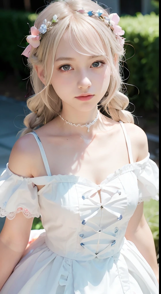 (ultra-detailliert), Cute princess dress in white color,(frilly dress),(shortsleeves),Blue eyes,The upper part of the body、a closeup、faces、(A smile:1.1),(facing front:1.2), 20yr old, teens girl,no tail,(no tail),2D, masterpiece, top-quality, A detailed eye, A detailed face, girl with, Only 1 person,Silver-haired medium hair, (a blond), Ear Hair, small tits, Single braid, (Single braid), (Side braid), Pink ribbon, Ribbon around the neck, (White sleeves), Background bokeh