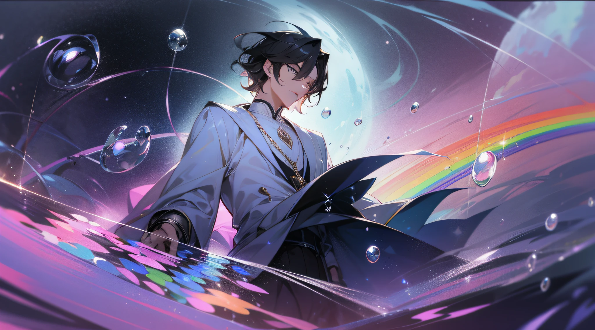 tmasterpiece、nood、1male people、AS-Adult、A MILF、tall muscular man、dark themed、magic array、Buble、Rainbow sunlight、under the water、Reflective mirror、Floating pieces of glass、Rainbow Light、Bubble Swerling、Wind swirl、extreme light、fantastic landscape, Starlight around the character, (The upper part of the body),black and white clothes