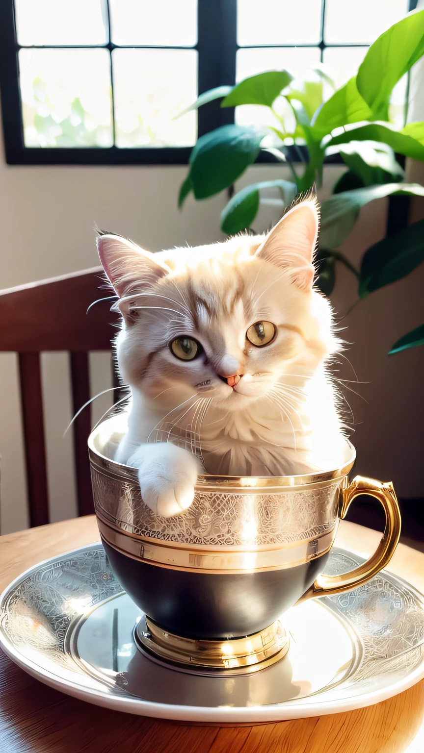 Cat, (Himalayan), (Small)))), in a teacup, Face, Front paws out, 8K, Professional photo, Delicate, Clear, On the table, Inside the house, Sunshine, Light Leak, Masterpiece, ((Pretty))), Fashionable Teacup, (Reality), Plush Toy, Round Pupils