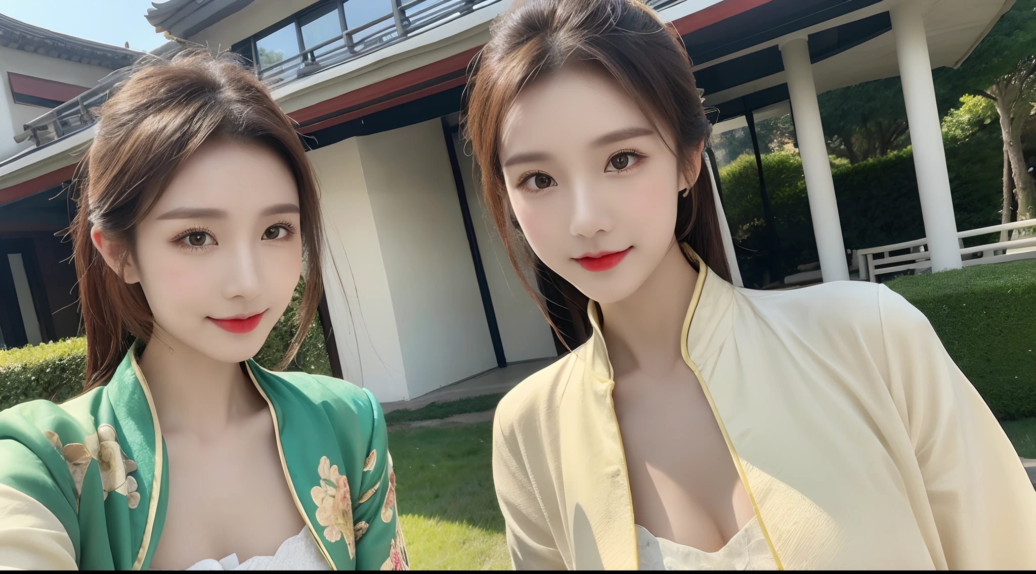 (A half body，Close-up，closeup cleavage：1.2)，Arakfi Asian woman sitting in chair，Wearing a green and gold dress, (outside,NOWAI，rays of sunshine，Skysky，hot onsen，florals，grassy，nevando） ， A girl in Hanfu, Hanfu, Cheongsam, with acient chinese clothes, Traditional beauty, Traditional Chinese clothing, Wearing ancient Chinese clothes, Chinese style, Chinese dress, Chinese costume, Chinese traditional, Chinese girl, wearing ornate silk clothes，Redlip,（solo:1.4）