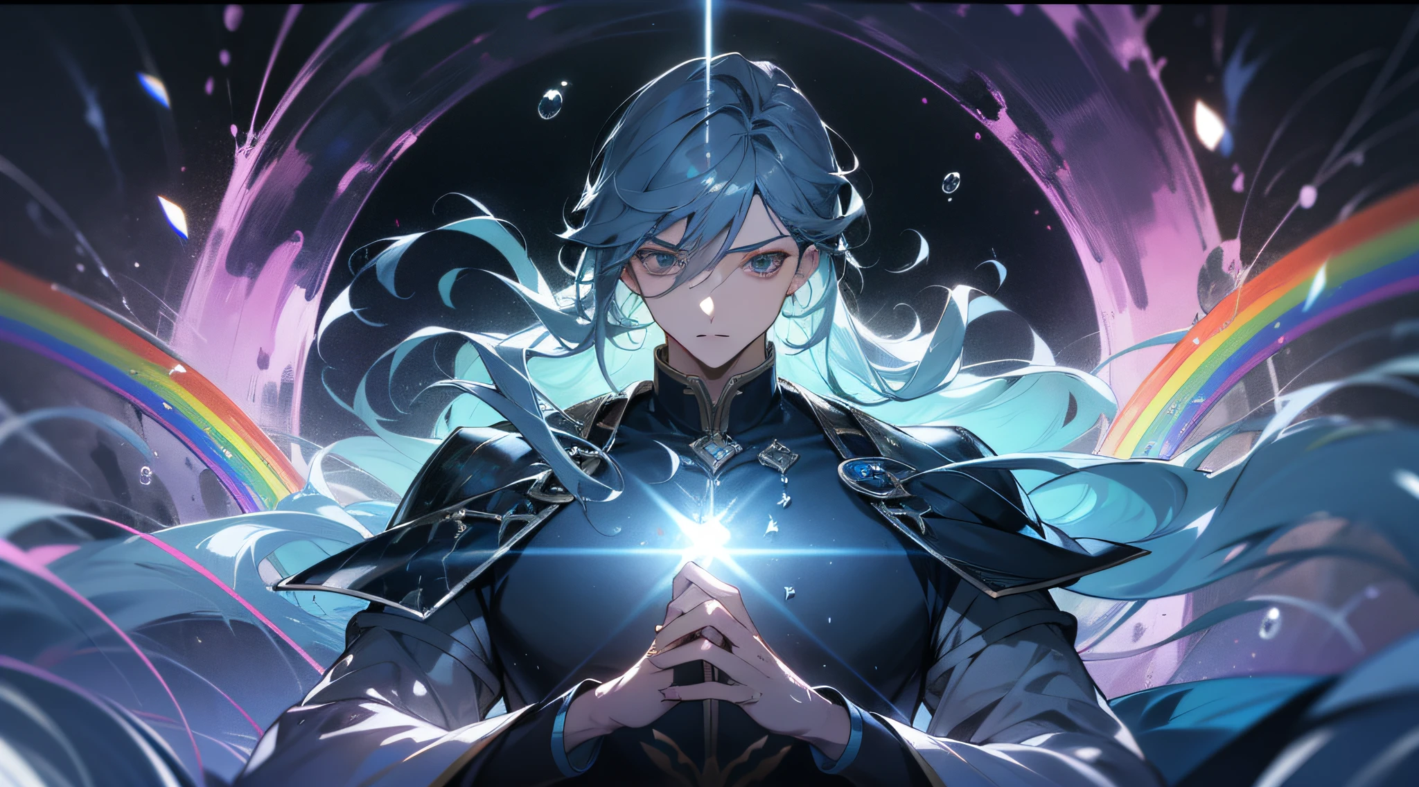 tmasterpiece、nood、1male people、AS-Adult、A MILF、tall muscular man、dark themed、magic array、Buble、Rainbow sunlight、under the water、Reflective mirror、Floating pieces of glass、Rainbow Light、Bubble Swerling、Wind swirl、extreme light、fantastic landscape, Starlight around the character, (The upper part of the body),black and white clothes