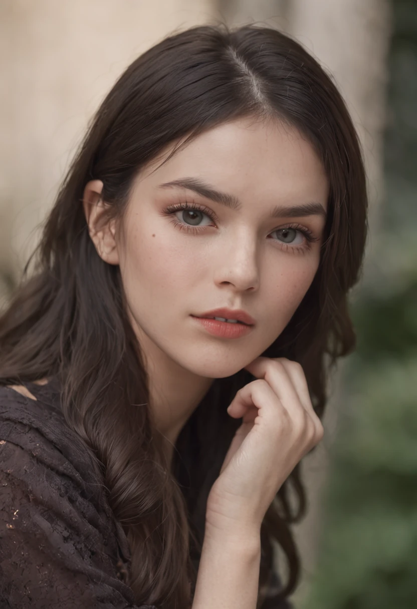 Imagine a 30-year-old girl. She had a bumpy childhood,Engage in serious criminal activity. She has natural beauty. Dark hair. Average height. Her face is slim, Beautiful but ruined by tough times. Her eyes are perhaps the most striking feature. They shine with keen intelligence and cunning. Her clothes are modern streetwear and fashionable.