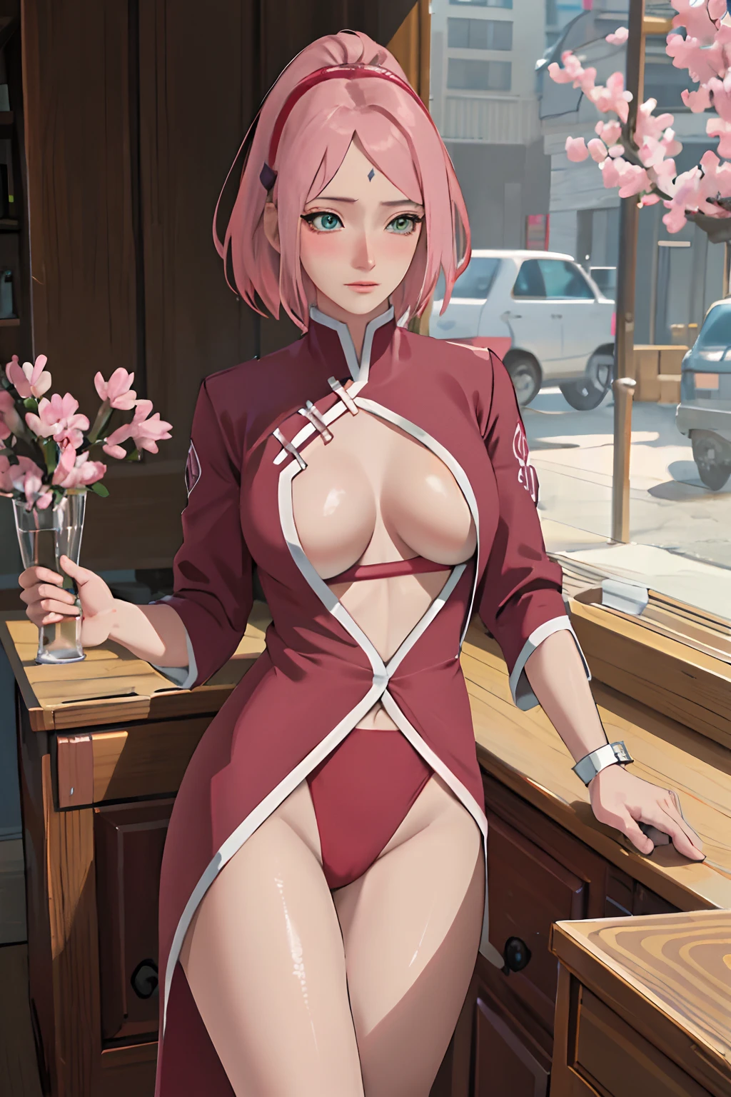 masterpiece, absurd, (intricate details), (colorful), cinematic lighting, extremely detailed 8k CG unit wallpaper, 1 girl, very large breasts, Sakura haruno, puppy position, pov, nsfw, provocative, nervous, embarrassed, blushing, torn clothes, partially naked