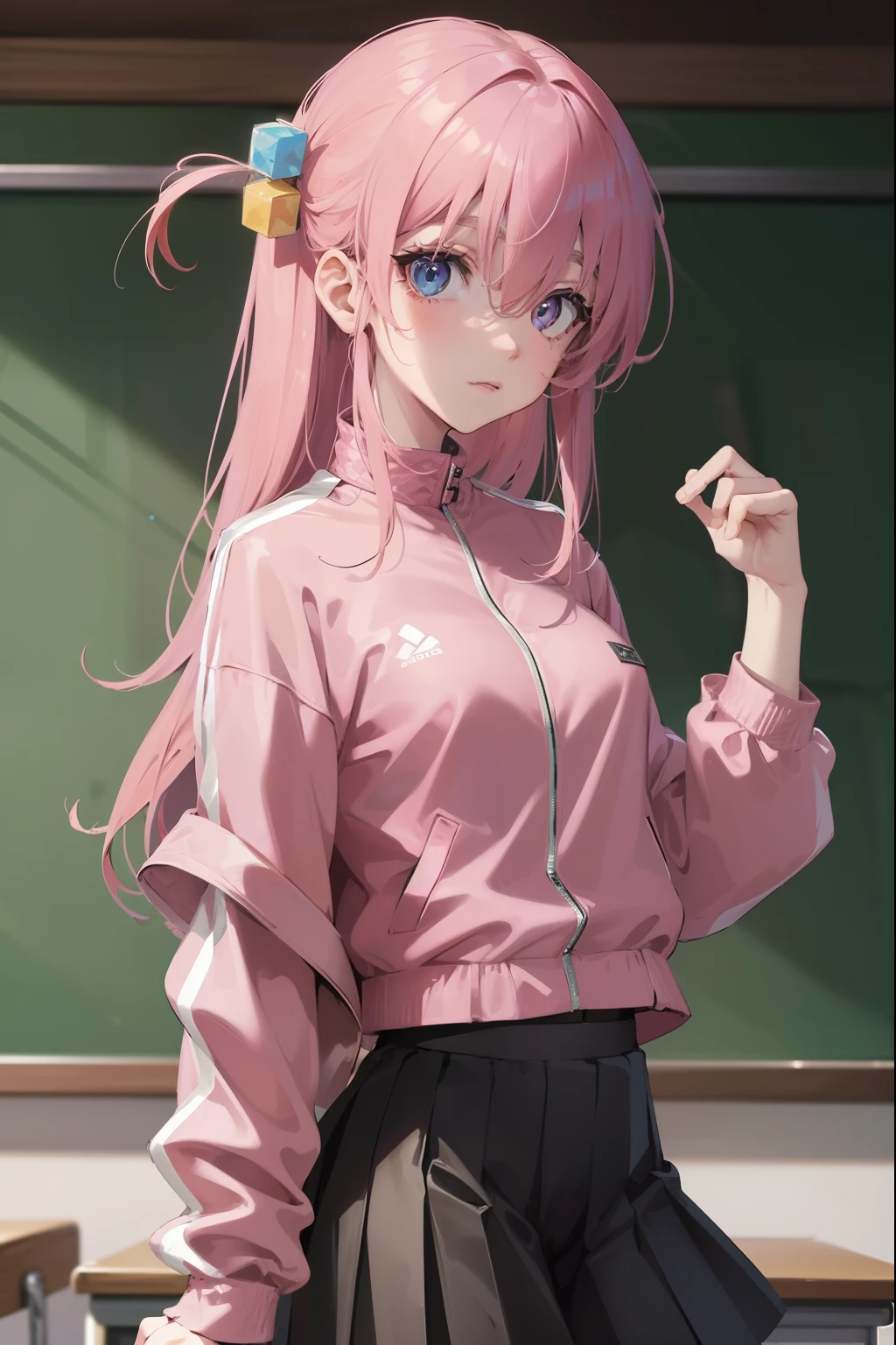 hitorigotou, hitori gotou, blue eyes, cube hair ornament, hair between eyes, hair ornament, pink hair, one side up, long hair,
BREAK black skirt, jacket, long sleeves, pants, pants under skirt, (pink jacket:1.5), pink pants, pleated skirt, skirt, track jacket, track pants, track suit,
BREAK looking at viewer,
BREAK indoors, classroom,
BREAK (masterpiece:1.2), best quality, high resolution, unity 8k wallpaper, (illustration:0.8), (beautiful detailed eyes:1.6), extremely detailed face, perfect lighting, extremely detailed CG, (perfect hands, perfect ???????),