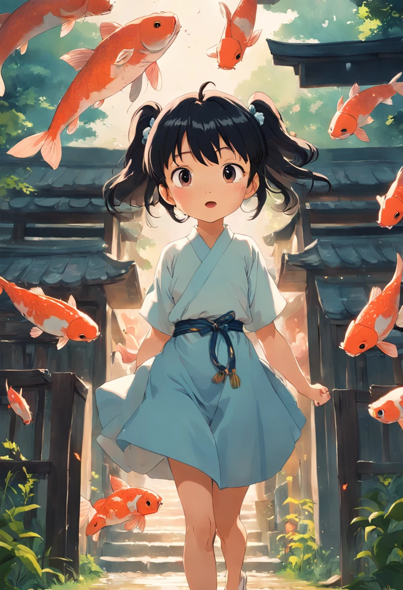 movie picture quality，Hayao Miyazaki animation，Miyazaki animation style，Hayao Miyazaki animated film，3D movies，China-style，A  with short pigtails jumped over the South Heavenly Gate on a huge koi，depth of fields，high light，Real light，Ray traching，oc rendered，Hyper-realistic，best qualtiy，8K，Works of masters，super-fine，Detailed pubic hair，Correct anatomy，sharp focus on eyes，Bokeh，Facial features are carefully depicted