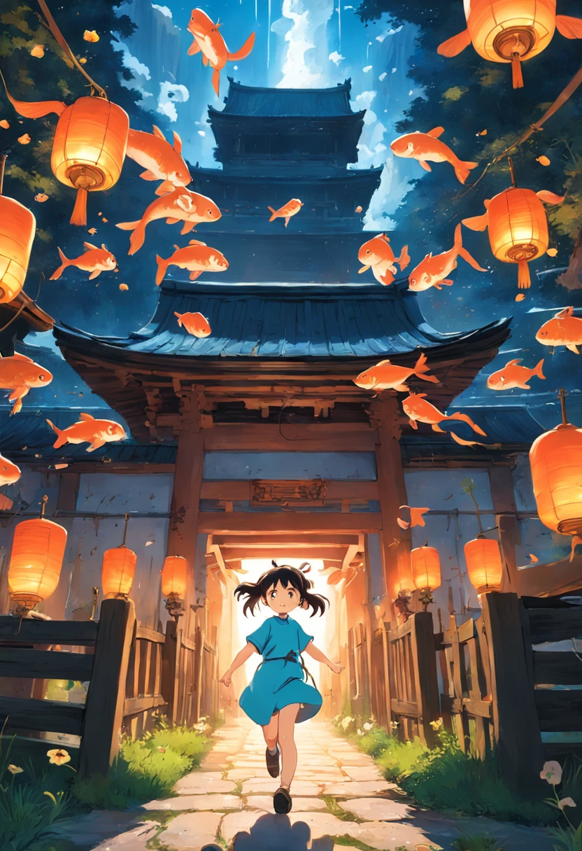 movie picture quality,Hayao Miyazaki animation,Miyazaki animation style,Hayao Miyazaki animated film,3D movies,China-style,A little girl with short pigtails jumped over the South Heavenly Gate on a huge koi,depth of fields,high light,Real light,Ray traching,oc rendered,Hyper-realistic,best qualtiy,8K,Works of masters,super-fine,Detailed pubic hair,Correct anatomy,sharp focus on eyes,Bokeh,Facial features are carefully depicted