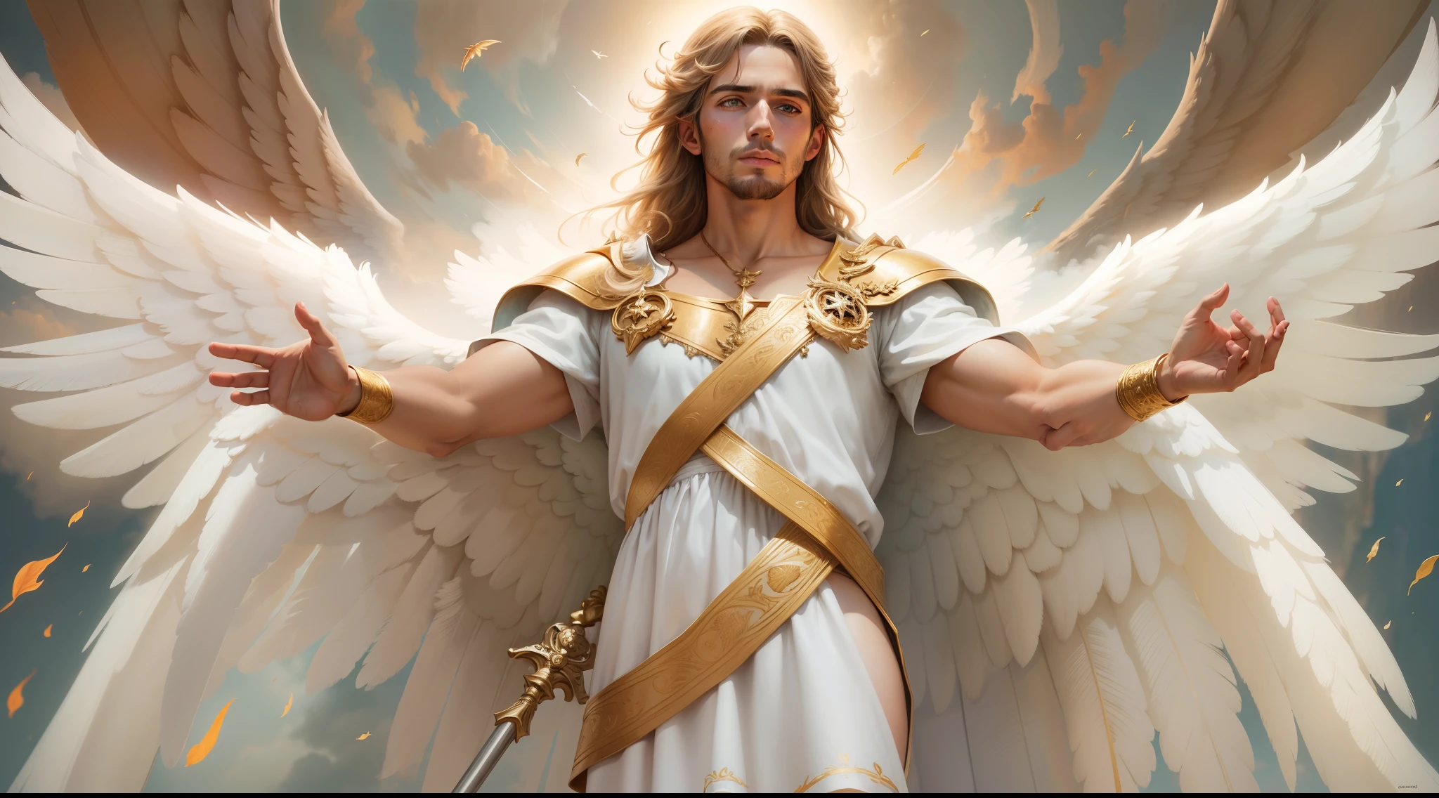 There is a painting of an angel with wings in the sky, Anjo majestoso de corpo inteiro, vestido com roupas brancas e vermelhas, biblical accurate angel, Arcanjo Miguel, anjo protegendo em guarda, angel spirit guide, angelic, Arcanjo Miguel, humano alado, epic angel wings, anjo lindo, anjo, being brilliant angelic, angelic, Tema de anjo, Alto Anjo tiro distante, Biblical setting, anjo guerreiro, with a spear in his hand, vestes vermelhas estilo soldado romano, anjo aparentando idade de 40 anos e majestoso