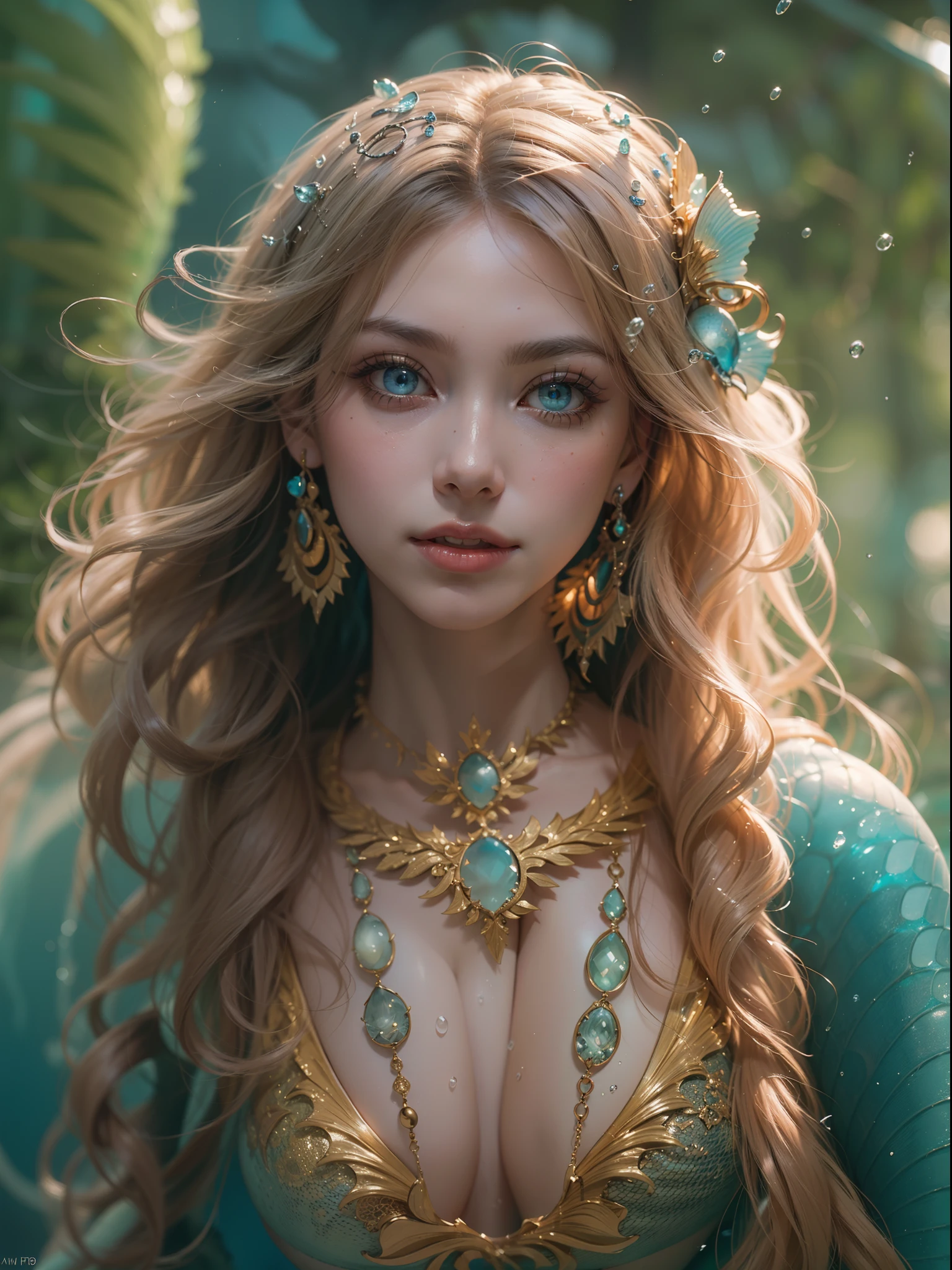 (number々Award-winning masterpieces of, with incredible detail, textures and maximum detail), Beautiful scales、Blue eyes、(full-body view:1.5), (Hyper realistic:1.4), (Realistic:1.3), (Top quality real texture skins), (((in water))), (Deep sea:1.5), (Fine perfectly symmetrical eyes), finerly detailed face, ((medieval world)), (full-body view:1.5), ((mermaid)), ((Mermaid Princess)), ((Mermaid aristocracy)), (Brighten and burn your eyes like ice), (She has a mischievous smile on her face), reefs, Shining majestic water and light, (Beautiful eyes:1.5), (full-body view:1.5), (Swirling water flow and background flow), (Dramatic light), (A majestic sight), (Her countenance is gentle and beautiful), Glass earrings on the ears, (dramatic photography:1.4), ((dramatic pose)), (flamboyant photo), (Golden hair), (full-body view:1.5), ((Looking down)), (Around her neck is a simple necklace of exquisite workmanship), (Bioluminescence with brilliant brilliance:1.3), (Use fancy hydromagic:1.2), (Beautiful fish in the surroundings), (full-body view:1.5), Epic Realistic, Faded, Art Book, (Greg Rutkowski:0.8), (teal and orange:0.4), (Art Station:1.5), Cinematic, ((Neutral colors)), (nffsw:1.5), (Muted colors:1.2), Hyper Detailed, Dramatic light, (Intricate details:1.1), Complex background,
