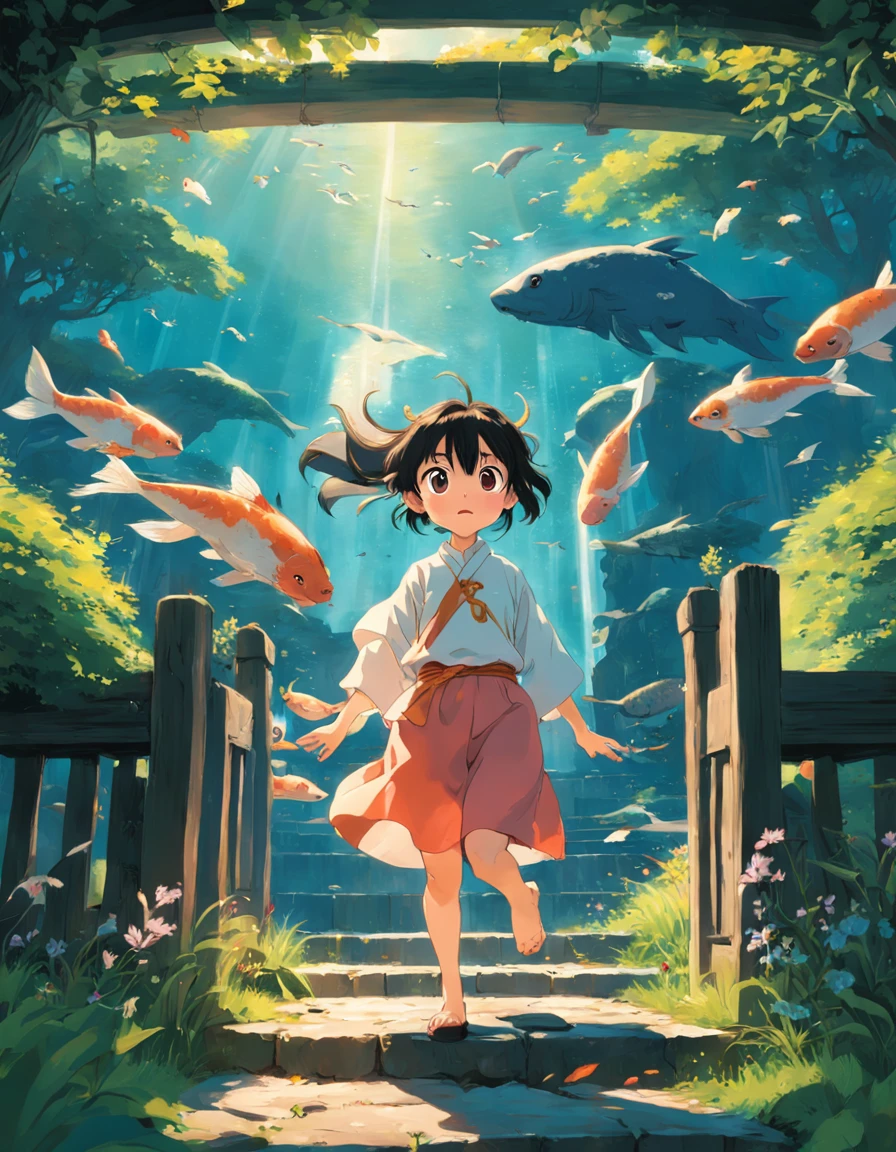 movie picture quality，Hayao Miyazaki animation，Miyazaki animation style，Hayao Miyazaki animated film，3D movies，China-style，A  with short pigtails jumped over the South Heavenly Gate on a huge koi，depth of fields，high light，Real light，Ray traching，oc rendered，Hyper-realistic，best qualtiy，8K，Works of masters，super-fine，Detailed pubic hair，Correct anatomy，sharp focus on eyes，Bokeh，Facial features are carefully depicted
