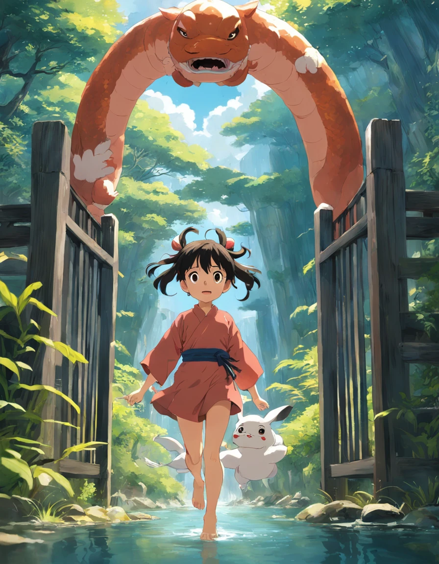 movie picture quality,Hayao Miyazaki animation,Miyazaki animation style,Hayao Miyazaki animated film,3D movies,China-style,A little girl with short pigtails jumped over the South Heavenly Gate on a huge koi,depth of fields,high light,Real light,Ray traching,oc rendered,Hyper-realistic,best qualtiy,8K,Works of masters,super-fine,Detailed pubic hair,Correct anatomy,sharp focus on eyes,Bokeh,Facial features are carefully depicted