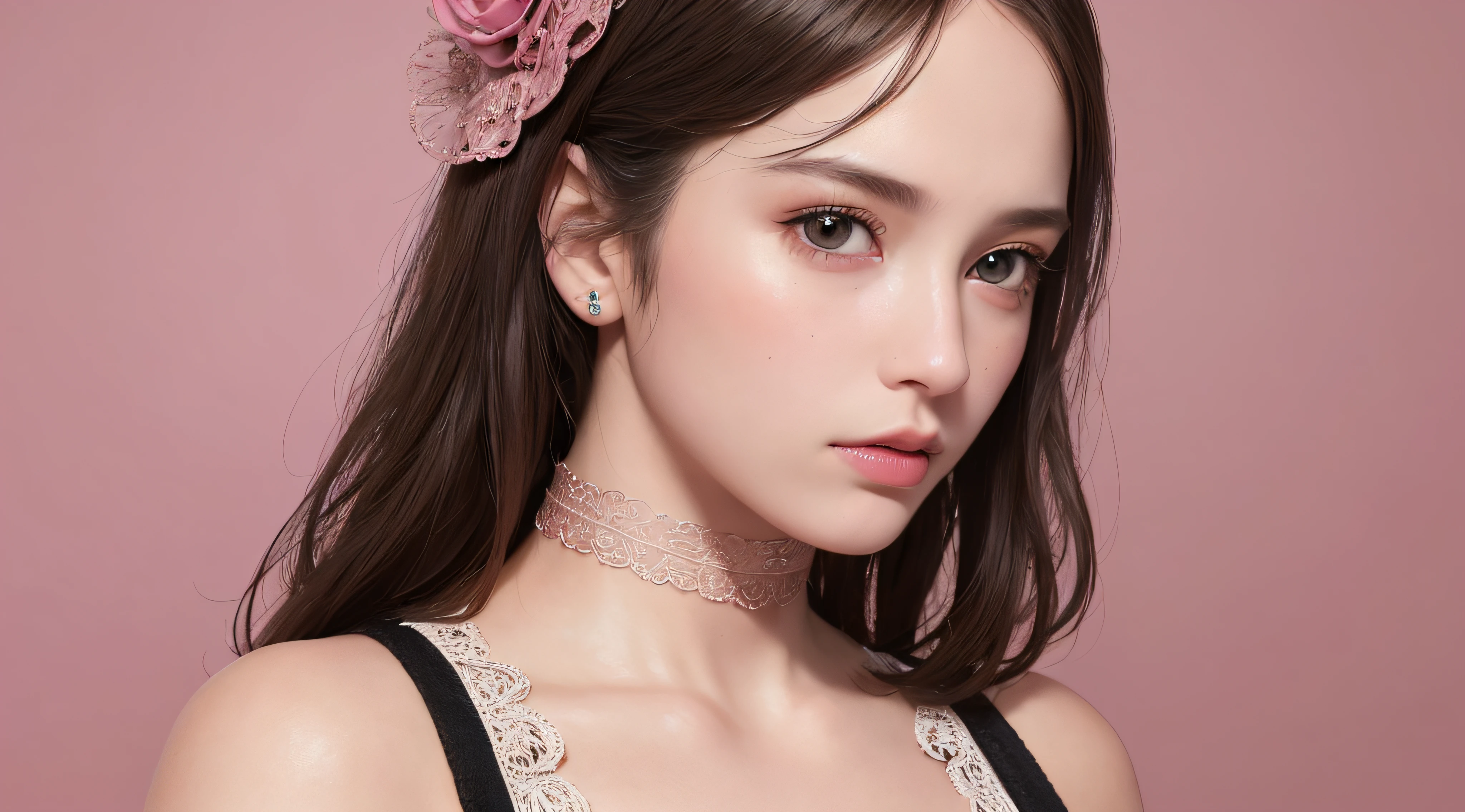 (solo),RAW,(8k, best quality, masterpiece:1.2),(intricate details:1.4),(photorealistic:1.4),ultra detailed,realistic skin texture, detailed face, beautiful detailed eyes, 8k wallpaper, makeup, (simple pink background:1.2), (halfbody shot:1.2),(pink top, pants, choker, beret:1),