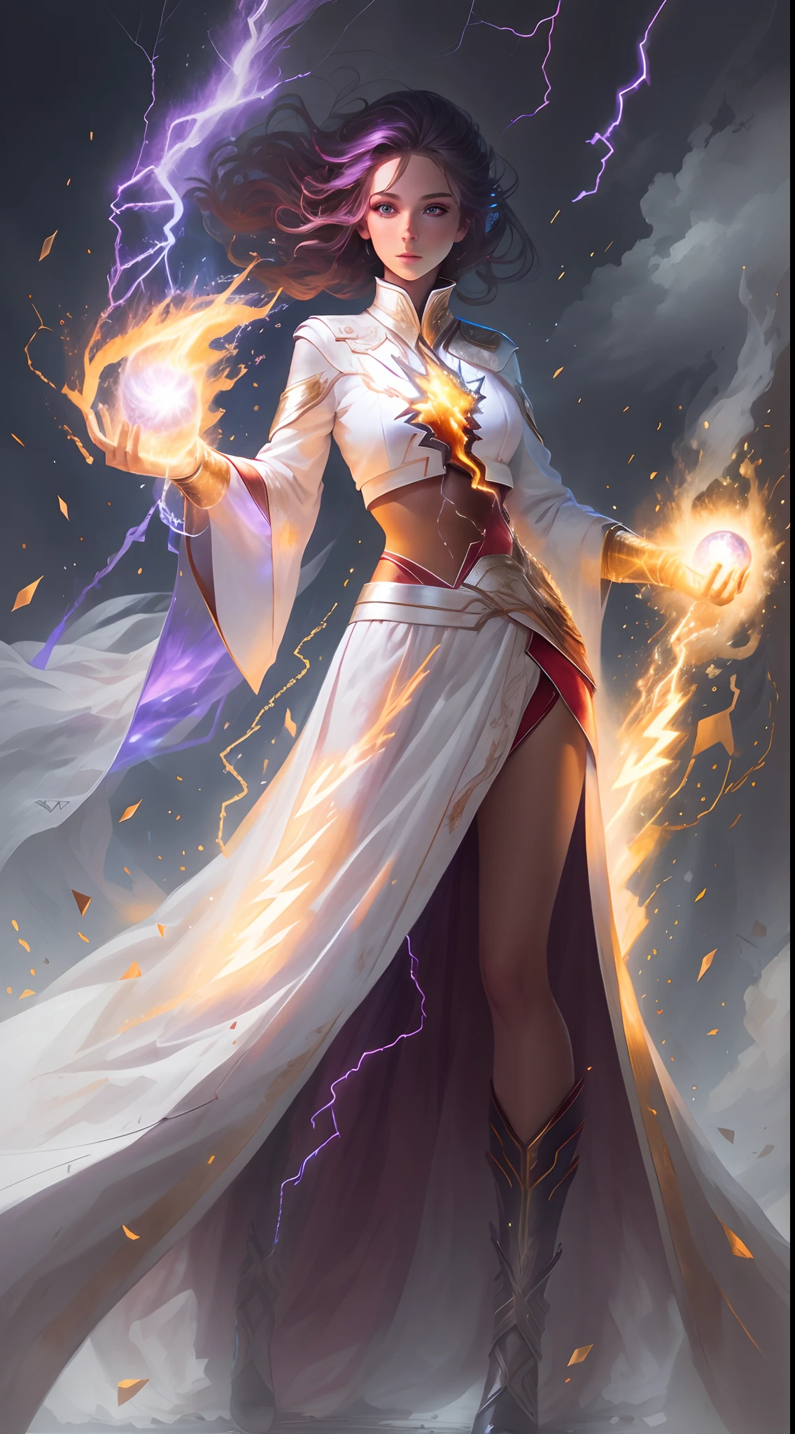 1Beautifulwoman,(white skinned), firestorm, lightning in hand, a skirt,glowing light eyes,Light in Eyes