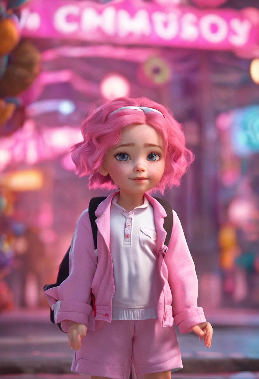 a lovely girl , has pink hair , Dress in school clothes, Wear a pink backpack on your back, Wear white shoes