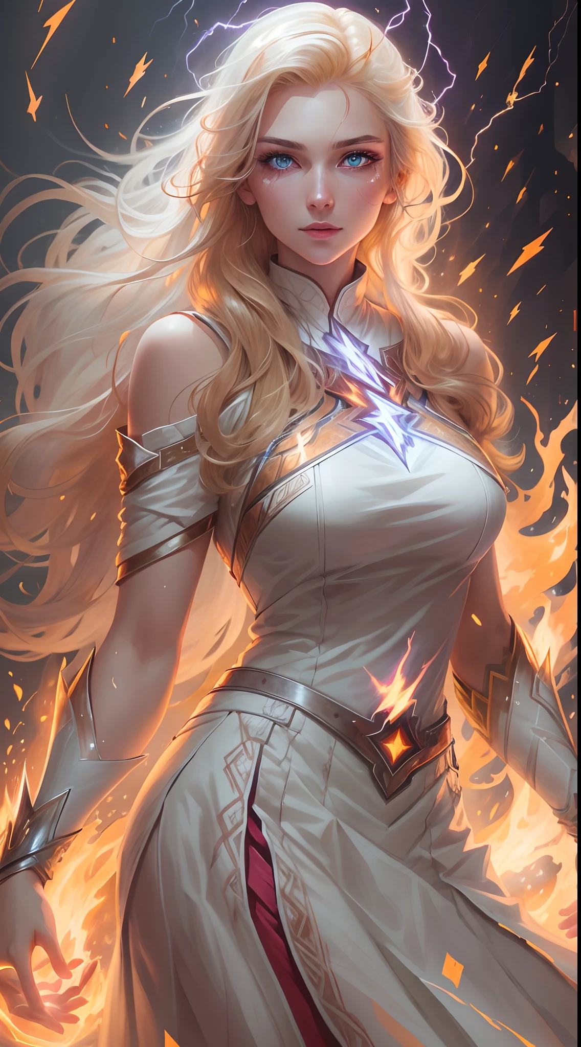 1Beautifulwoman,(white skinned), firestorm, lightning in hand, a skirt,glowing light eyes,Light in Eyes