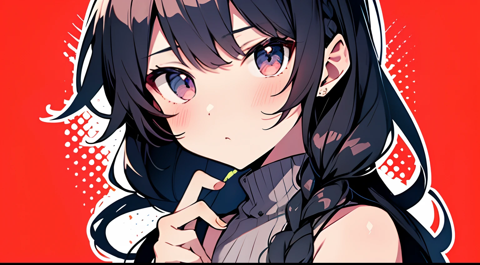 Top Quality, Masterpiece, Ultra High Resolution, 8K, Peachy Sweater, Anime Style Little Loli, Single, Ultra Detailed Line Art, Digital Enhancement, Anime Core, Flowing Fabric, Close Up, ((Hair length to shoulder mouth and short braid)), staring at us from the front, soft drawing, beautiful black hair, looks really weak, crisp eyes, Anime-style hyper-detail, clean detailed anime style, highly detailed exquisite fan art, anime style. 8K, detailed digital anime art, detailed anime character art, detailed manga style, style anime, high-quality color sketches