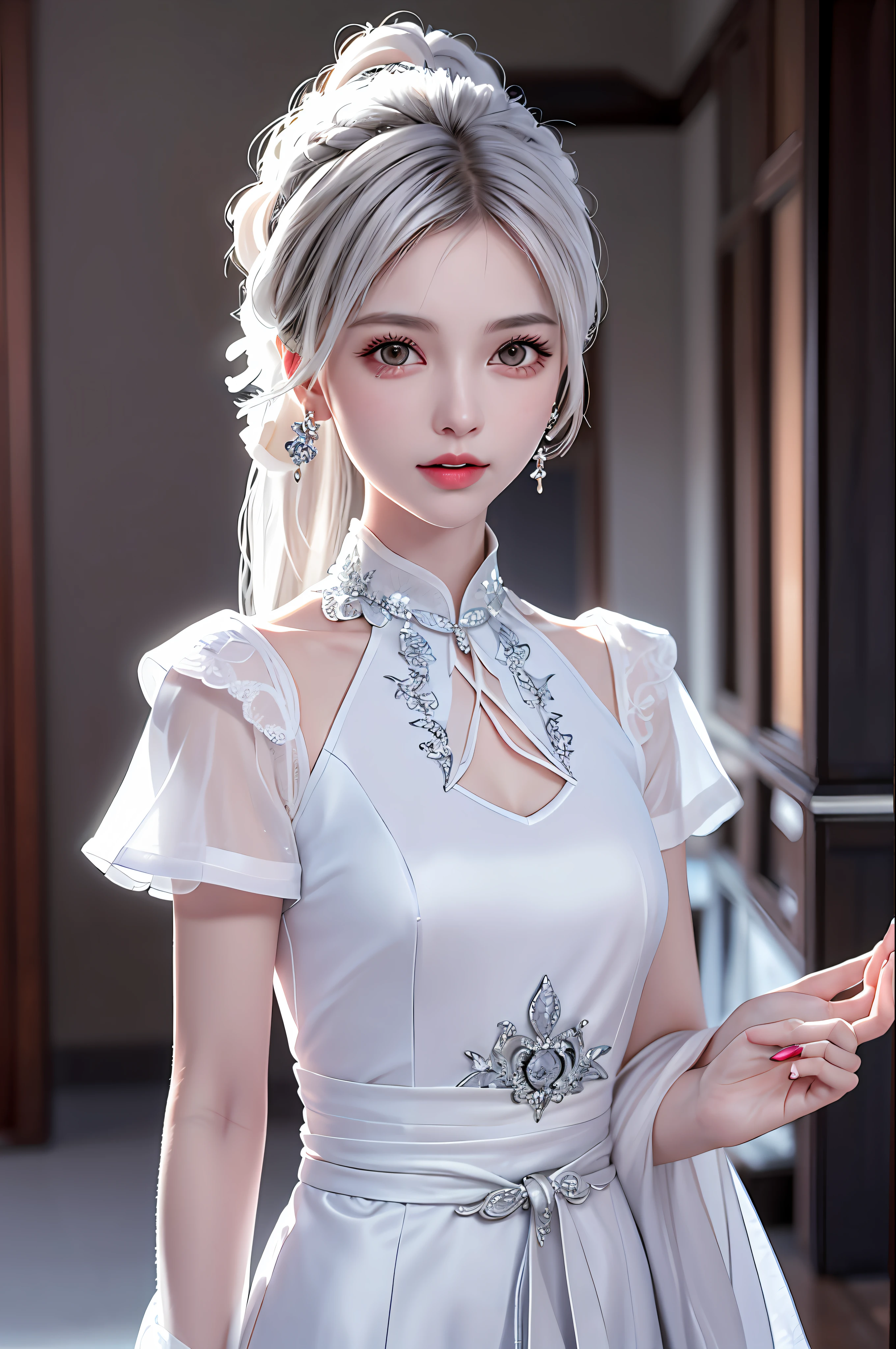 (best quality, masterpiece:1.2), ultra high res, realistic, front lighting, intricate detail, Exquisite details and textures, 1girl, solo ,(young), face highlight, upper body, detailed face, tear mole, white skin, silver hair, ponytail, braid hair, looking at viewer, big eyes, silk robe, (hollow pattern, white, silk), earrings, small breasts, slim body, luxury room, professional lighting, photon mapping, radiosity, physically-based rendering,