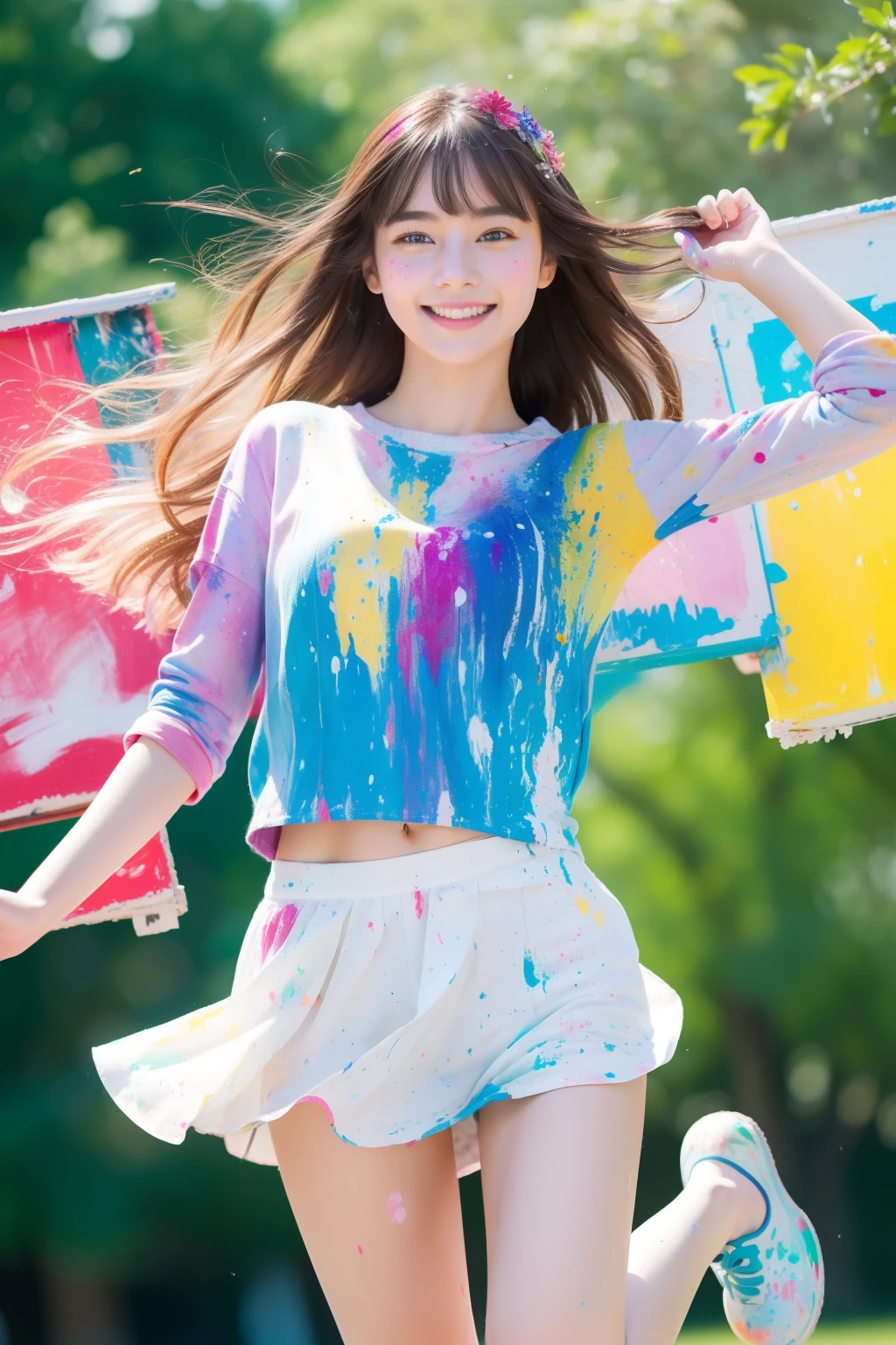 (top-quality、8K、32K、masterpiece)A Japanese Lady、Jumping、Transparency、a smile、Colorful backgrounds、Paint splattered、