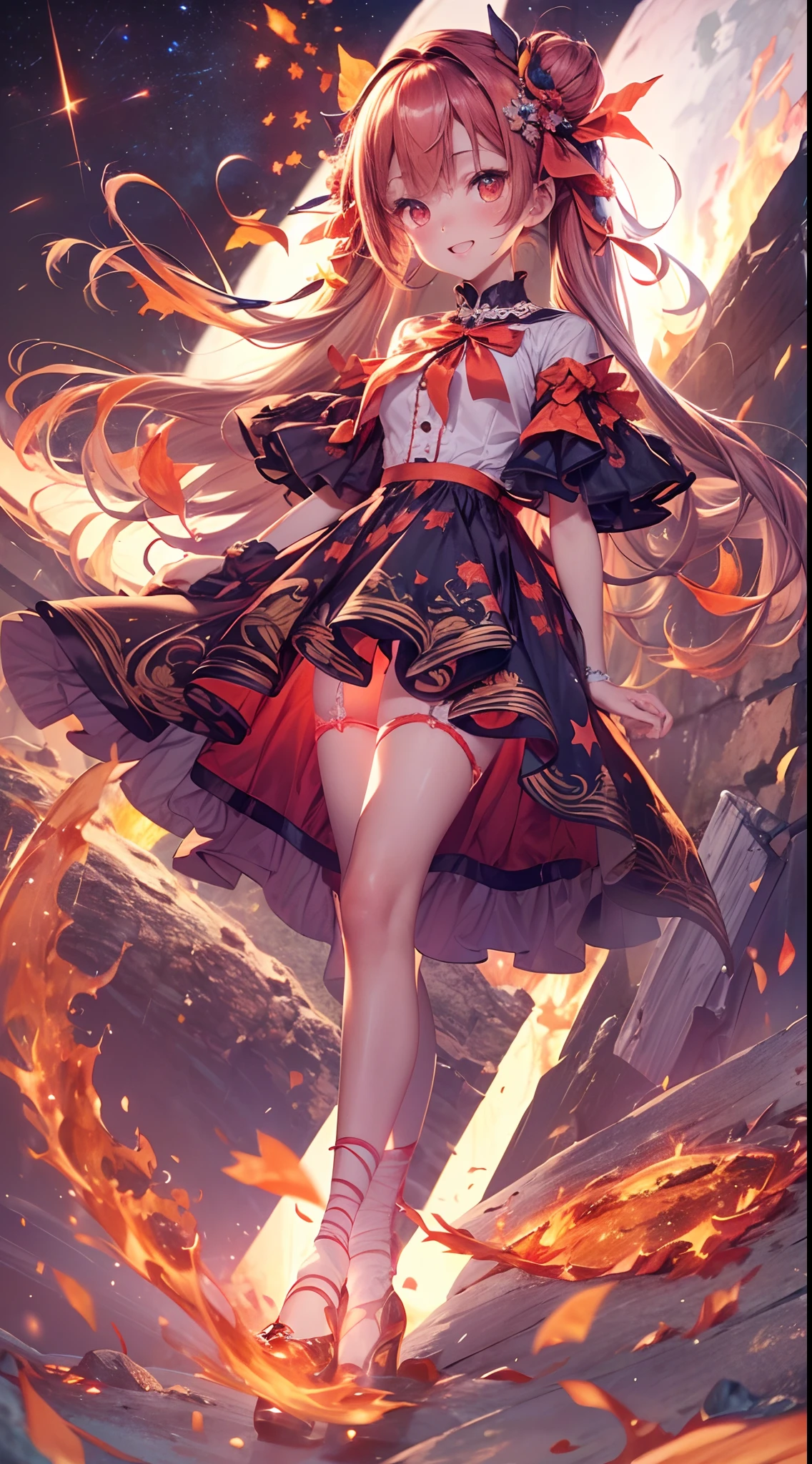 (fullbody, legs and shoes visible: 1.2)) expressive eyes, woman, pale skin, long hair, windblown hair, ((long hair)), long sidelocks, hime bangs, hair fringe, hair bun, ((long twintails)), flaming hair, red hair, blushing, full face blushing, big sparkling glowing red eyes, (gradient eyes), open mouth smile, cute pose,
flowy flaming dress, ((dark multicolored open dress)), (floating fire), orange ruffles, yellow frills, (light red lace), detached short sleeves, puffy skirt, ((fire and stars print skirt : 1.3)), lolita skirt, dark red bows, ((pompon ribbons hair ornament : 1.4)), multiple bows, striped lace stockings, (heart shaped leg garter), cute (dark orange) shoes ((hyperdetailed clothing and fashion)) looking at you, vintage girl, blushing, (beautiful detailed eyes), (extremely detailed CG unity 8k wallpaper) (best shadow), ((an extremely delicate and beautiful)), (detailed light), ((depth of field)) big head, big sparkling eyes, moe, splash art, cinematic lighting, frontal view, volumetric lighting maximalist photo illustration 64k resolution high res intricately detailed complex key visual precise linear
((in the dark lava volcano background, surrounded by smoking hot lava, shooting stars, volcano)) ((hyperdetailed scenery, foggy, darkness : 1.3))