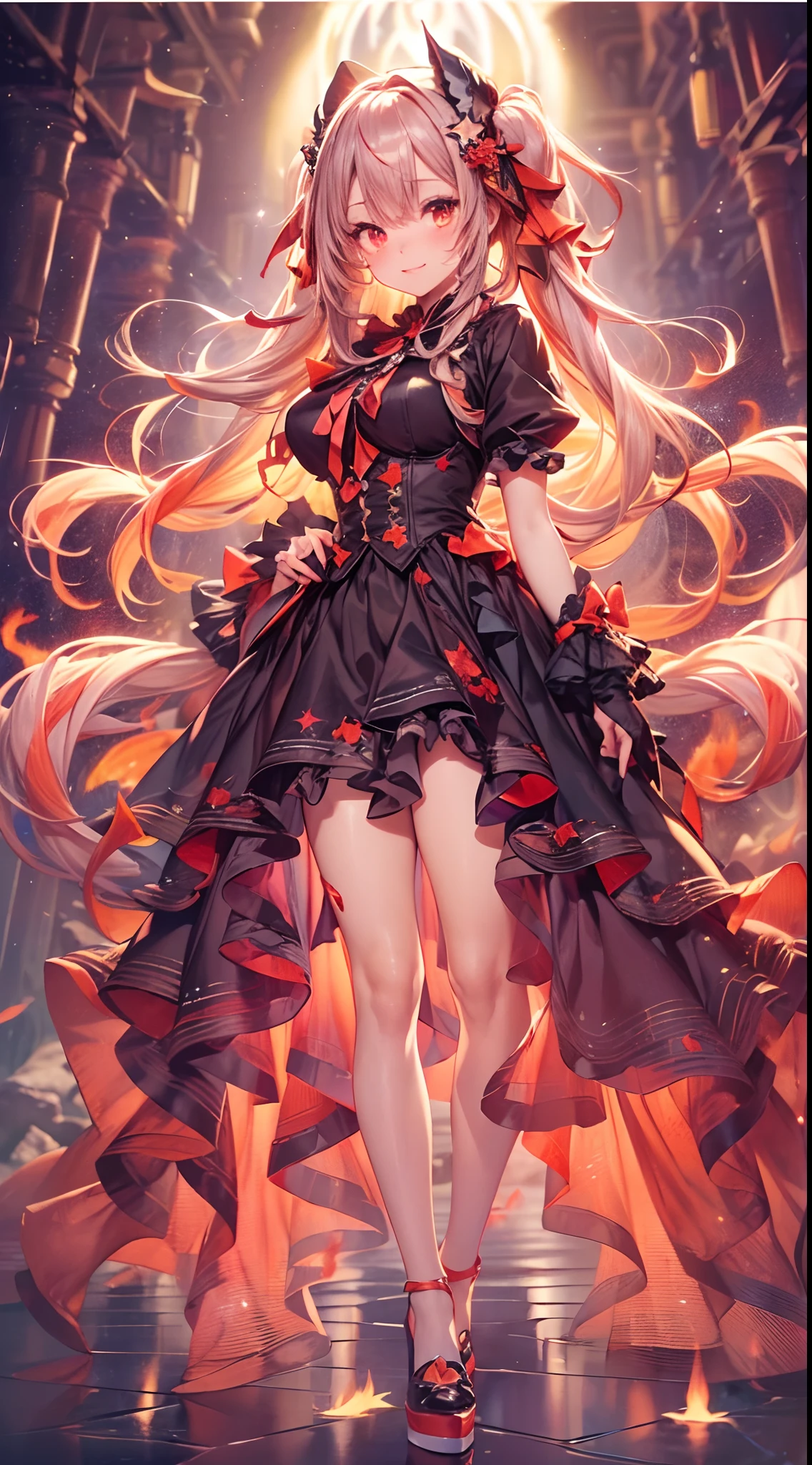 (fullbody, legs and shoes visible: 1.2)) expressive eyes, woman, pale skin, long hair, windblown hair, ((long hair)), long sidelocks, hime bangs, hair fringe, hair bun, ((long twintails)), flaming hair, red hair, blushing, full face blushing, big sparkling glowing red eyes, (gradient eyes), open mouth smile, cute pose,
flowy flaming dress, ((dark multicolored open dress)), (floating fire), orange ruffles, yellow frills, (light red lace), detached short sleeves, puffy skirt, ((fire and stars print skirt : 1.3)), lolita skirt, dark red bows, ((pompon ribbons hair ornament : 1.4)), multiple bows, striped lace stockings, (heart shaped leg garter), cute (dark orange) shoes ((hyperdetailed clothing and fashion)) looking at you, vintage girl, blushing, (beautiful detailed eyes), (extremely detailed CG unity 8k wallpaper) (best shadow), ((an extremely delicate and beautiful)), (detailed light), ((depth of field)) big head, big sparkling eyes, moe, splash art, cinematic lighting, frontal view, volumetric lighting maximalist photo illustration 64k resolution high res intricately detailed complex key visual precise linear 
((in the dark lava volcano background, surrounded by smoking hot lava, shooting stars, volcano)) ((hyperdetailed scenery, foggy, darkness : 1.3))