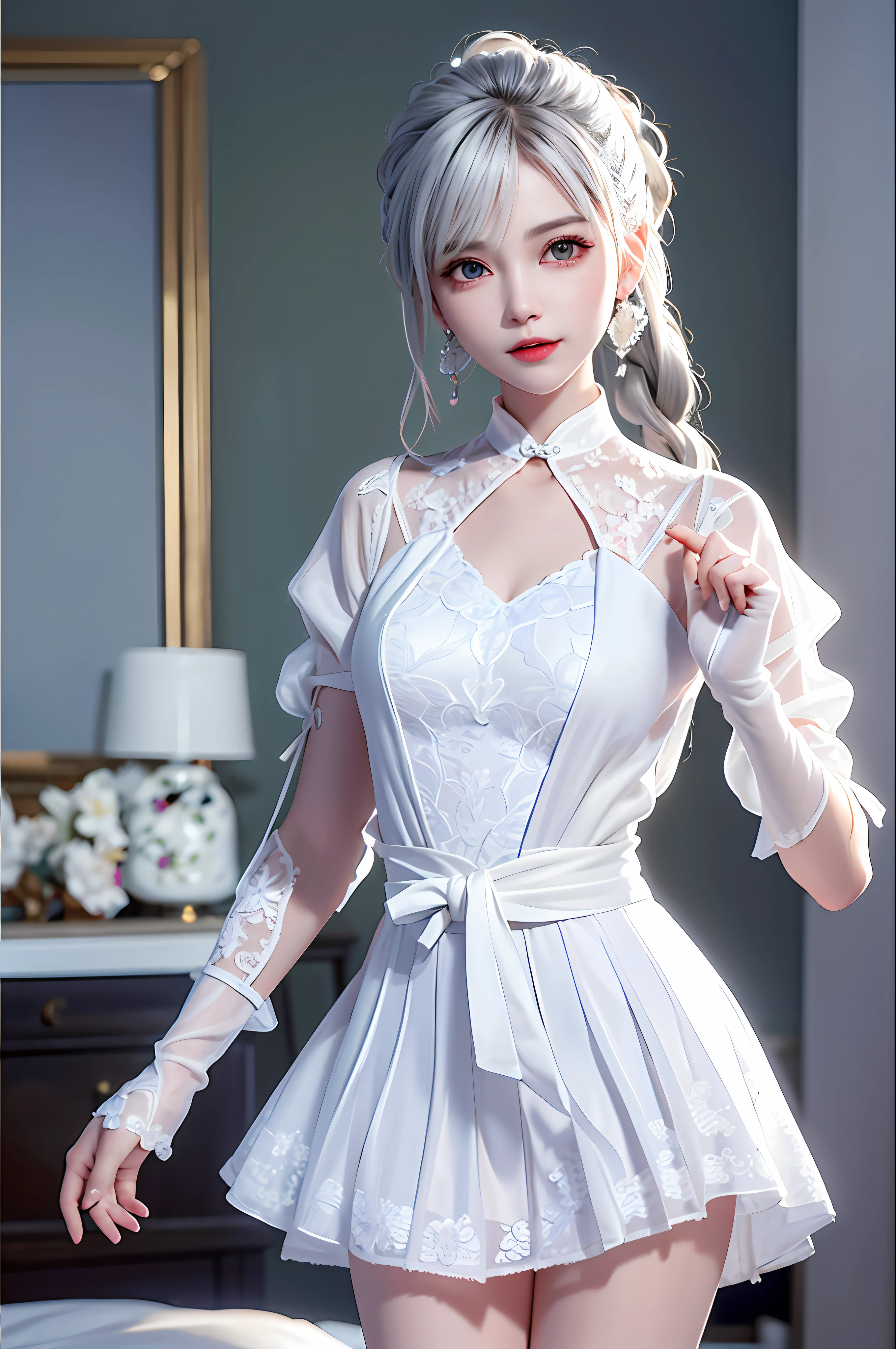 (Best quality, Masterpiece: 1.2), Super High Resolution, Realistic, Front Lighting, Intricate Details, Delicate Details and Textures, 1girl, Solo, (Young), Face Highlight, Upper Body, Detail Face, 1 Tear Mole, White Skin, Silver Hair, Ponytail, Braid, Looking at the Audience, Big Eyes, Silk Robe, (Openwork Pattern, White, Silk, Short Skirt), Earrings, Small Tits, Slim Figure, Deluxe Room, Professional Lighting, Photon Mapping, Teleportion, Physically Based Rendering, Stockings, White Glove, Collar. SM