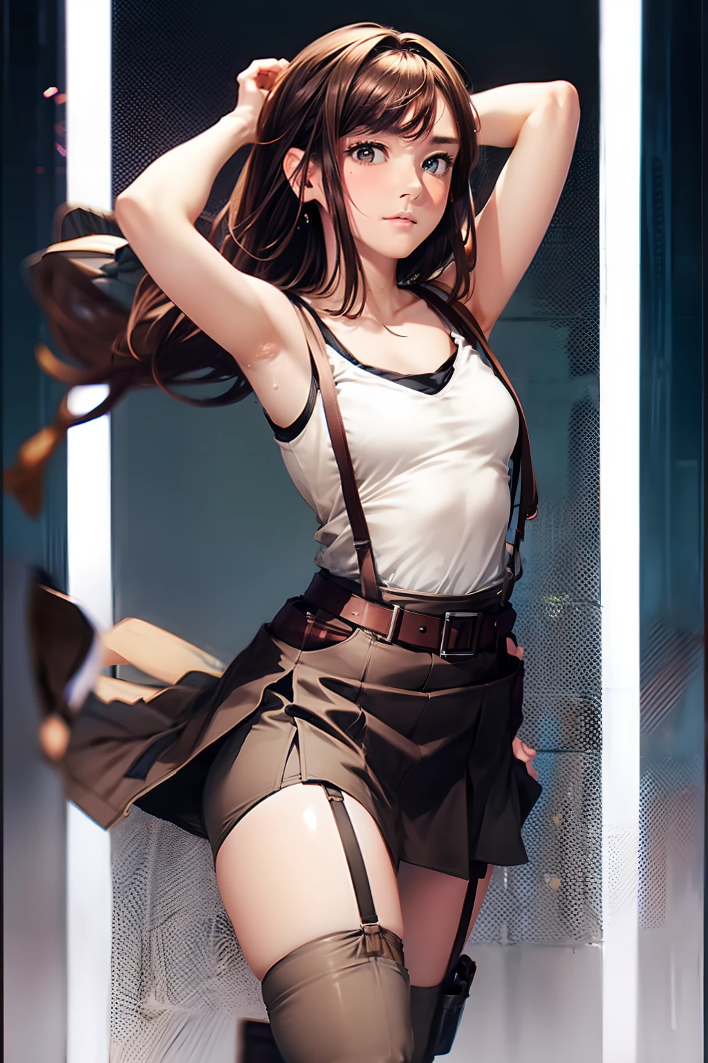 skirt by the, Tank Tops suspenders, Brown hair short, Gray eyes, holster, Garter belt on the legs, moderate chest and tight clothes, a belt Armpit sweat deadpan