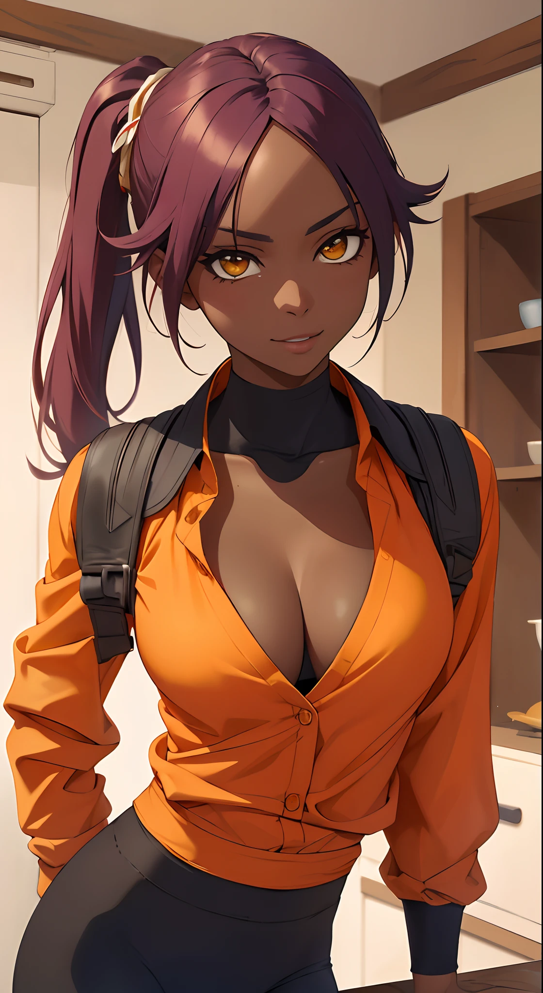 (master part, best quality:1.2),closeup da parte superior do corpo, sozinho, 1 cinta, (clivagem:1.5),Shihouin Yoruichi, Ver o visualizador, Hands on hips, rabos de cavalo, camisa laranja, mangas compridas, black pants,Pele escura,encaixe apertado