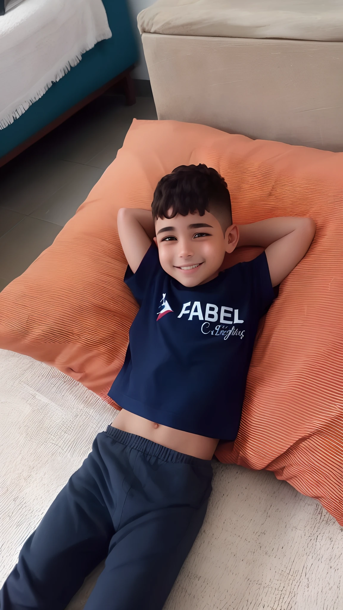 deitado em uma cama com um travesseiro e sorrindo, em camiseta, relaxing and smiling at camera, with a happy expression, Camiseta, deitado na cama, expression joyful , marvelous expression, vestindo uma camiseta, barnet, Tom, Estilo Pixar, ..3d, desenhos animados, rosto detalhado, asymmetrical 16k