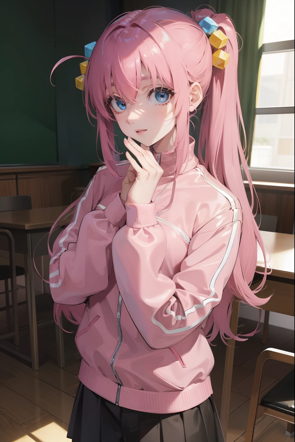 hitorigotou, hitori gotou, blue eyes, cube hair ornament, hair between eyes, hair ornament, pink hair, one side up, long hair,
BREAK black skirt, jacket, long sleeves, pants, pants under skirt, (pink jacket:1.5), pink pants, pleated skirt, skirt, track jacket, track pants, track suit,
BREAK looking at viewer,
BREAK indoors, classroom,
BREAK (masterpiece:1.2), best quality, high resolution, unity 8k wallpaper, (illustration:0.8), (beautiful detailed eyes:1.6), extremely detailed face, perfect lighting, extremely detailed CG, (perfect hands, perfect ???????),