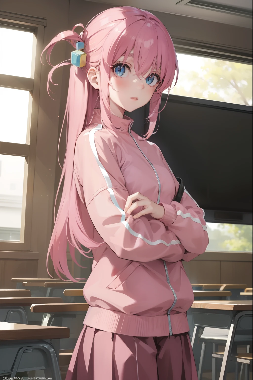 hitorigotou, hitori gotou, blue eyes, cube hair ornament, hair between eyes, hair ornament, pink hair, one side up, long hair,
BREAK black skirt, jacket, long sleeves, pants, pants under skirt, (pink jacket:1.5), pink pants, pleated skirt, skirt, track jacket, track pants, track suit,
BREAK looking at viewer,
BREAK indoors, classroom,
BREAK (masterpiece:1.2), best quality, high resolution, unity 8k wallpaper, (illustration:0.8), (beautiful detailed eyes:1.6), extremely detailed face, perfect lighting, extremely detailed CG, (perfect hands, perfect anatomy),