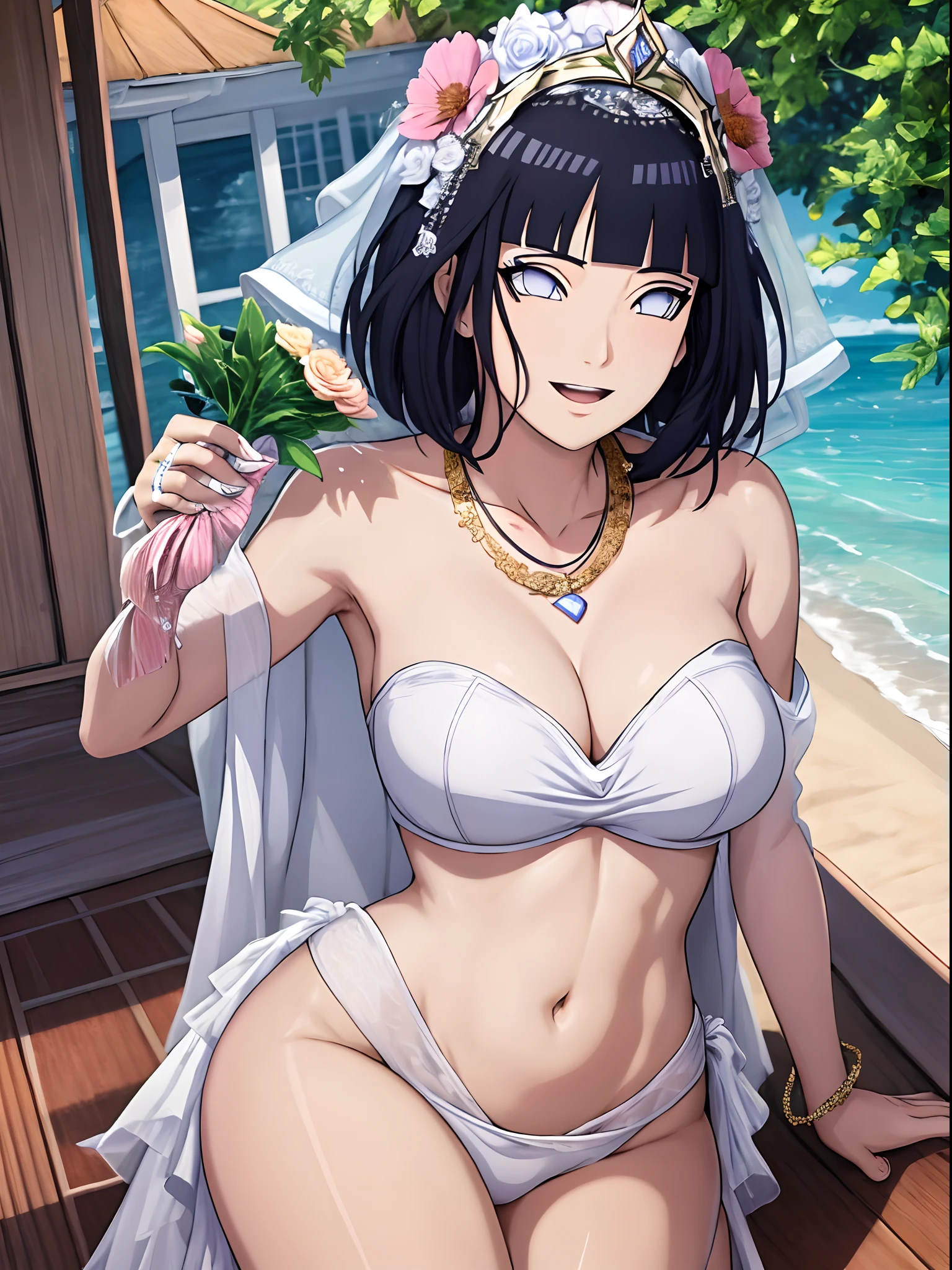 (WALLPAPER, (hinata\(boruto\), masterpiece, 4k, vector coloring, whole body shot, contrast lighting, mature female, milf, (curvy:0.8), solo, anime style, sharp focus, professional artwork, intricate details, detailed beach background, colorful, vibrant colors, vivid colors, digital blending, ultra detailed body, ultra detail hair, ultra detail face, trending on pixiv, very hot colors, sunny day, outdoor, detailed bold arm lines, high color saturation, bold lines, bold drawing lines),
(standing, open mouth, kind smile, extremely happy, goodbye, sexy pose),
((dark blue hair color:1.1), wavy hair, ((short hair, hime cut)),
(perfect eyes, white sciera, white eyes, anime eyes, smoky eyeliner, eyeshadow)
(white skin, slender body, milf, navel, groin, flat belly, perfect face, perfect thighs),
(Thighs, legs, big breasts, perky boobs, off-shoulders, (groin, detailed shoulders),
(almost naked, bare chest, bare shoulders, bare hands, bare legs),
(all cloth is white, white dress, wedding veil, white flower wedding tiara, gold necklace)