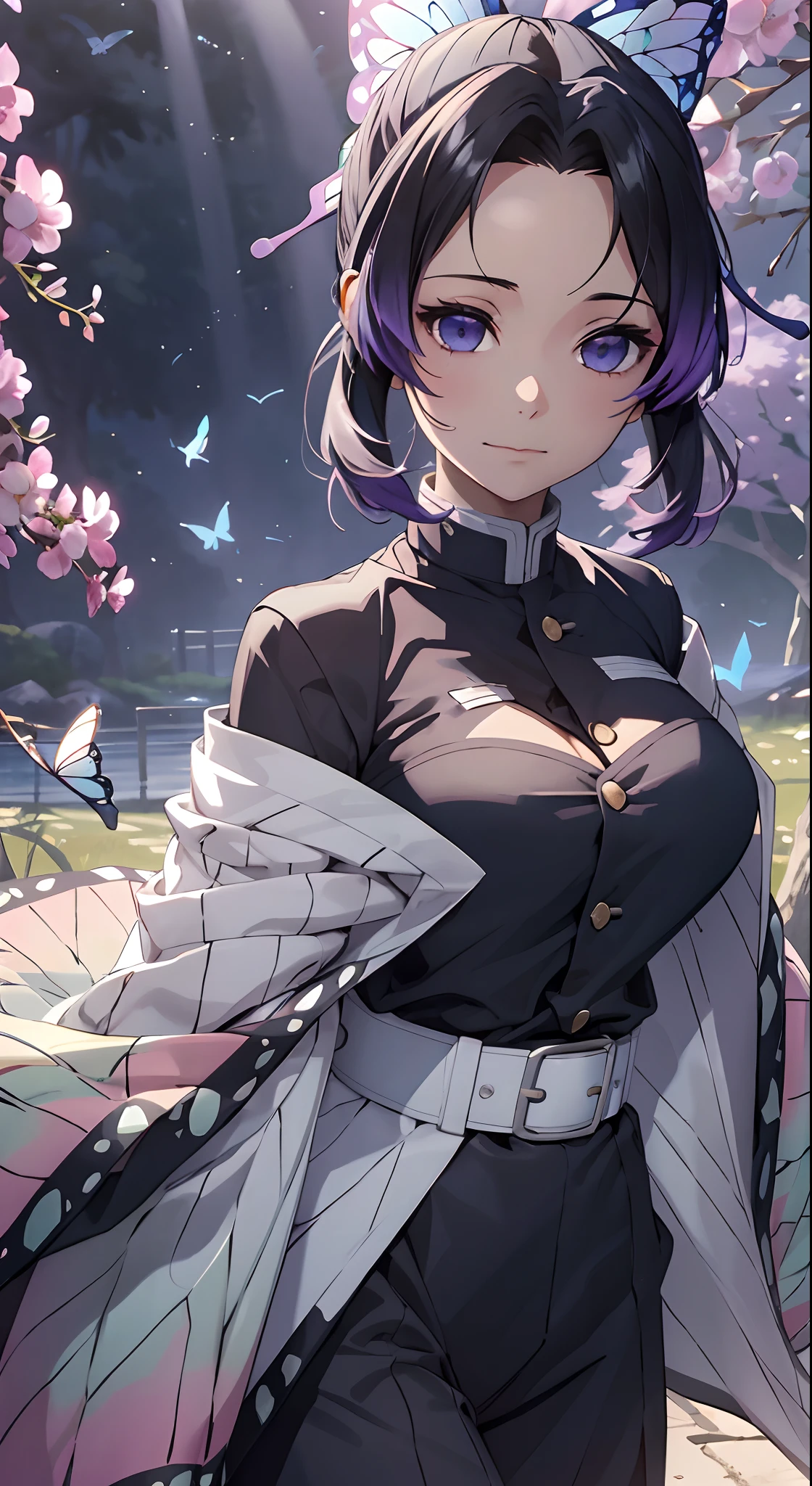 ultrarrealista 8k CG,tmasterpiece,((Fundos ultra detalhados,delicate patterns,Detalhes complicados)),Best quality at best,muito vey cara muito detalhada,olhos e rostos muito detalhados,olhos muito detalhados,Kochou Shinobu,O cabelo multicolorido,sem estrondos,Hair Intake,olho roxo,testa,camisa preta,Calcinha preta,Haori,borboletas,Tira de Obi,(jardim trpical:1.2),flor roxa,mostly cloudy sky,raios de sol,Efeito Tyndall,gradiente_heaven,o rosto,beautiful sky,Sabre na cintura,postura cativante,(seios grandes:1.3),(clivagem:1.3),(Traje fora do ombro:1.5)
