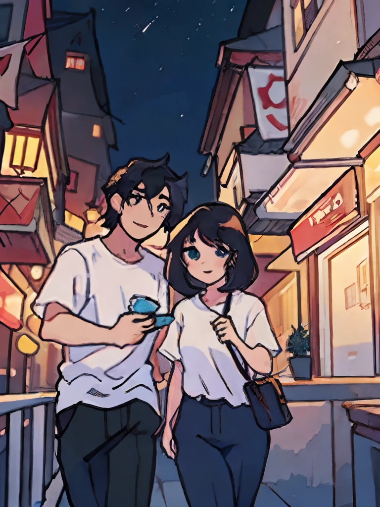 there are a woman and a man standing on a balcony with a city in the background, white tshirt, dressed in a white t shirt, wearing white shirt, plain white tshirt, dressed in a white t-shirt, white t-shirt, white t - shirt, white shirt, wearing a t-shirt, wearing a white shirt, white top, wearing a light shirt, anime, artstyle, beautiful woman, anime face, anime woman, painting, art, black hair, asia woman, pretty smile, night city background, handsome man, anime man, asia man
